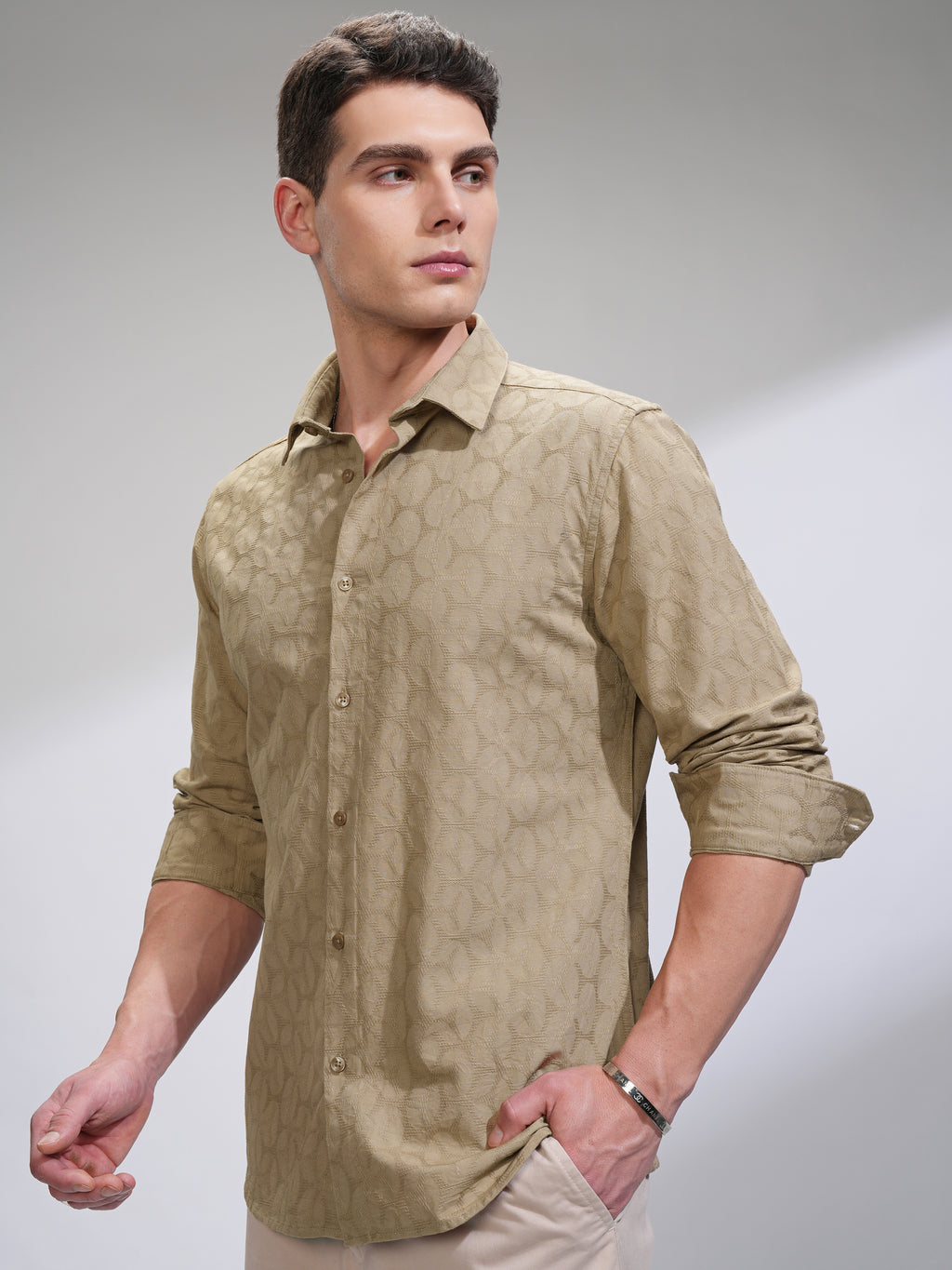 Highlander Men Beige Self Design Slim Fit Casual Shirt - Beige - Image 4