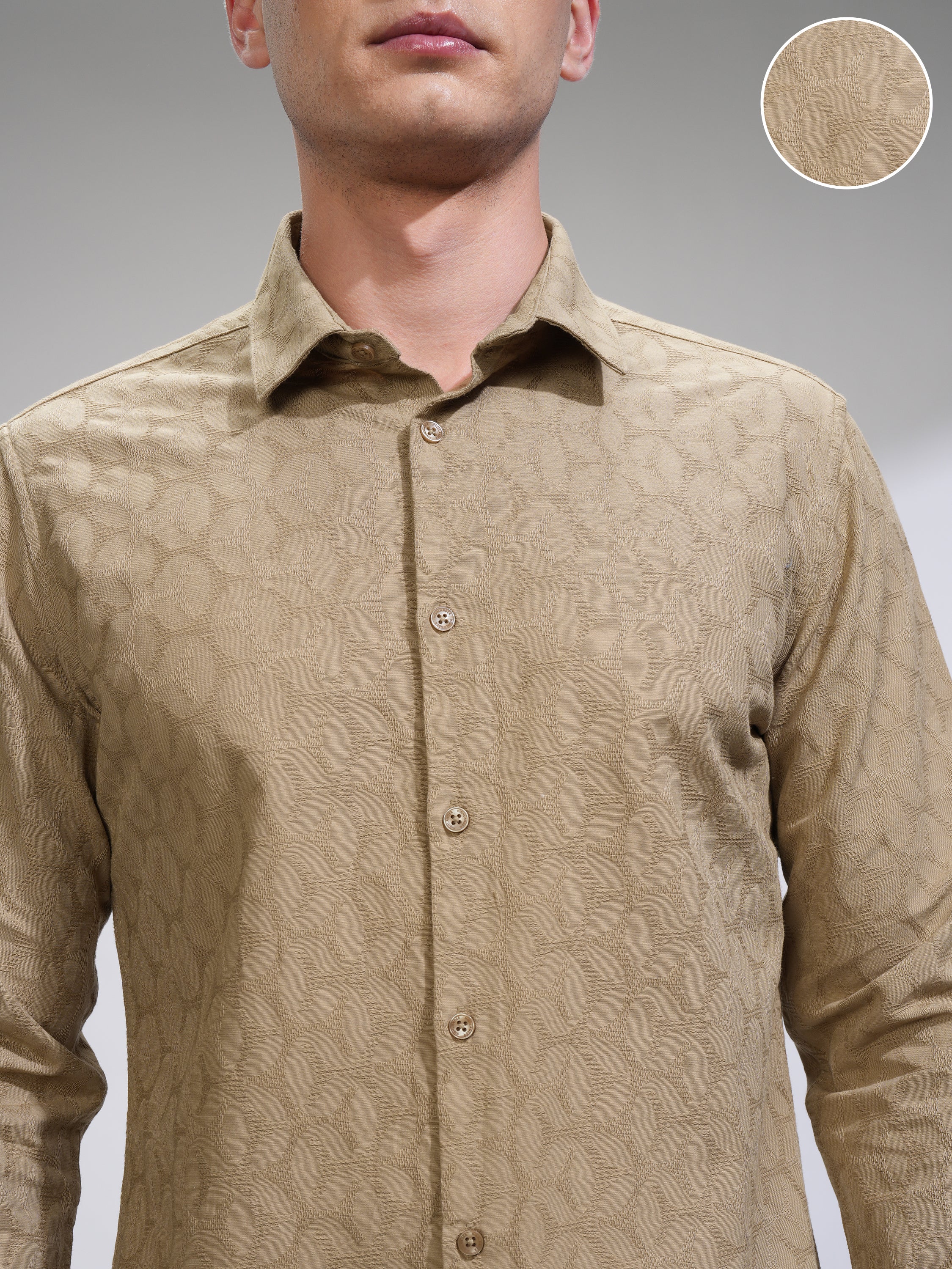 Highlander Men Beige Self Design Slim Fit Casual Shirt - Beige - Image 5
