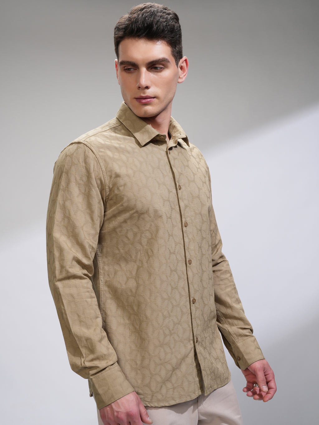Highlander Men Beige Self Design Slim Fit Casual Shirt - Beige - Image 6
