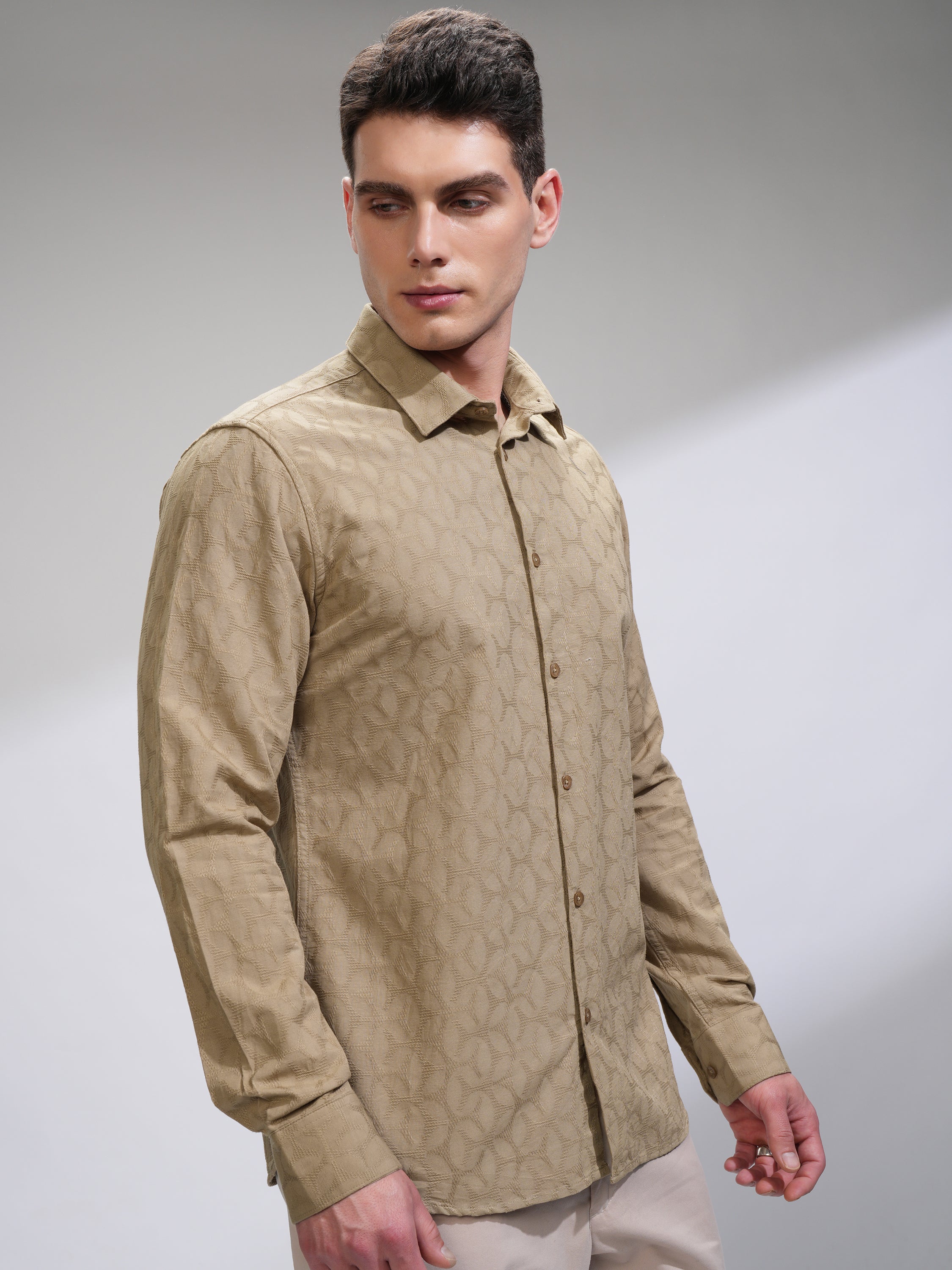 Highlander Men Beige Self Design Slim Fit Casual Shirt - Beige - Image 6