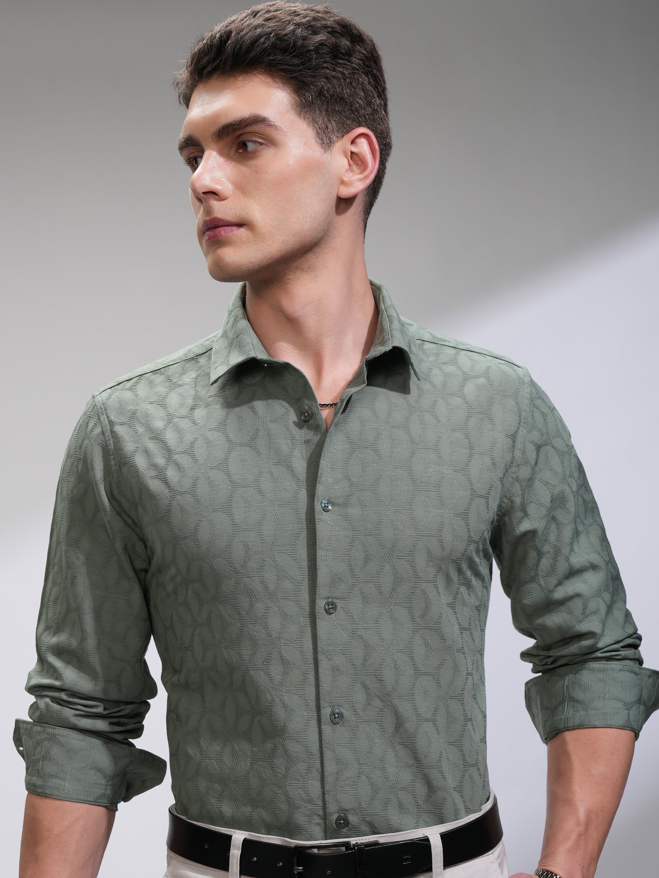 Highlander Men Green Self Design Slim Fit Casual Shirt - Green - Image 1