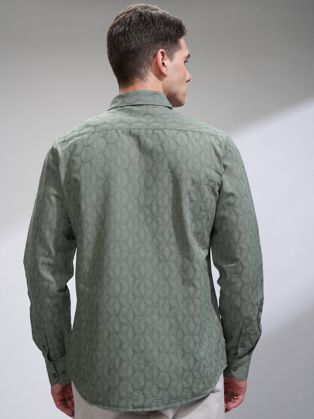 Highlander Men Green Self Design Slim Fit Casual Shirt - Green - Image 3