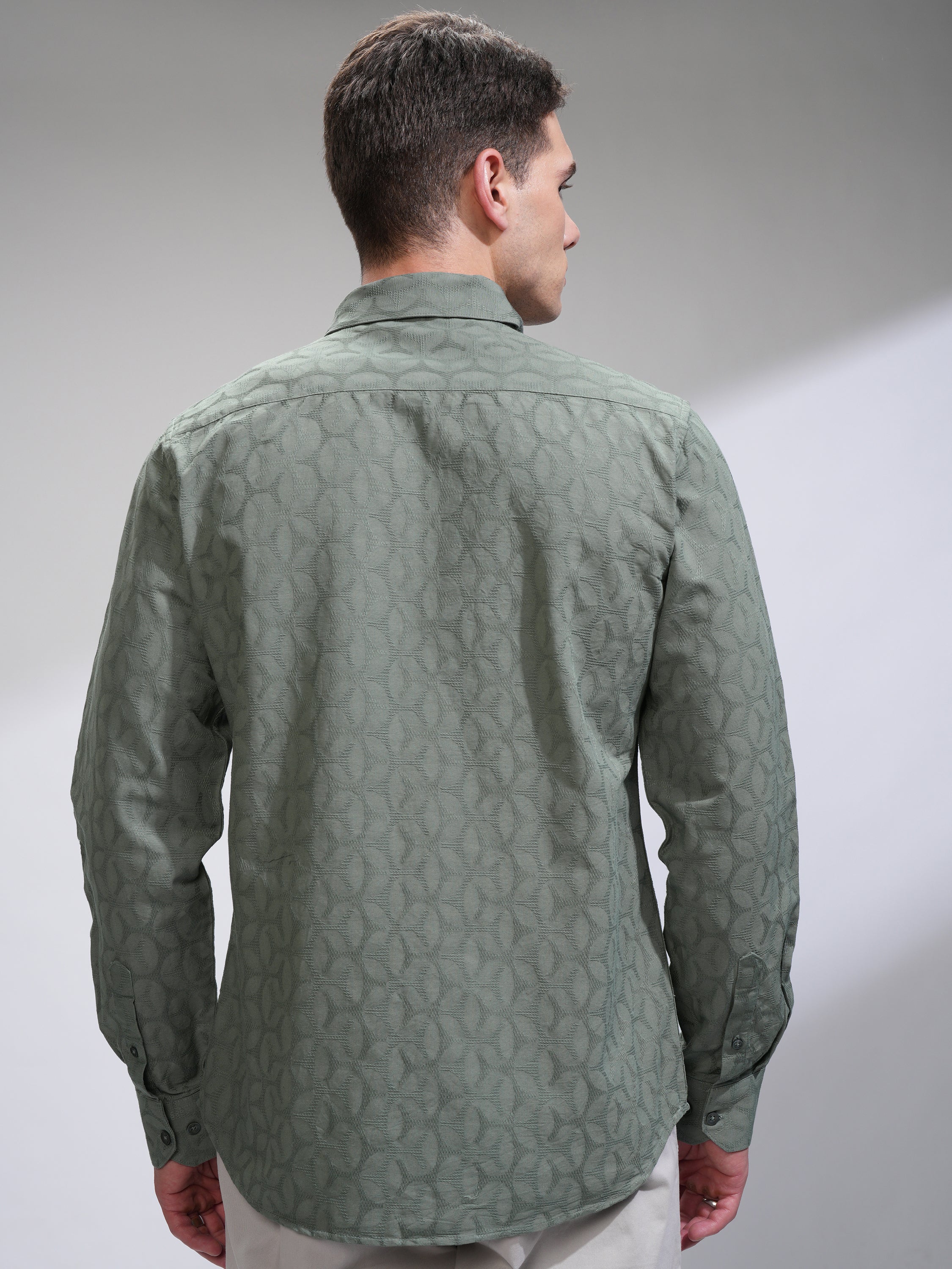 Highlander Men Green Self Design Slim Fit Casual Shirt - Green - Image 3