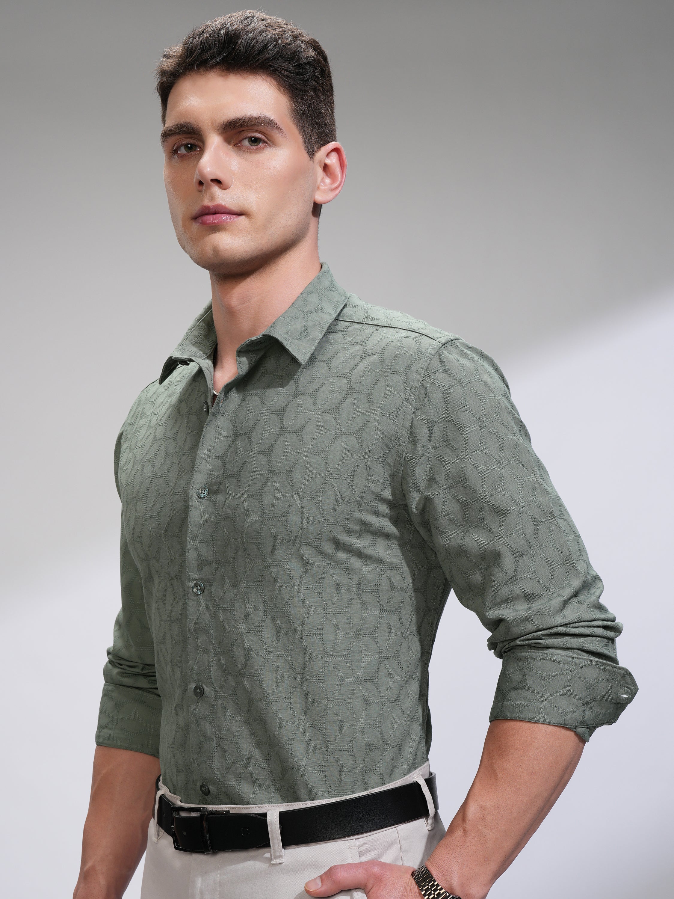 Highlander Men Green Self Design Slim Fit Casual Shirt - Green - Image 4