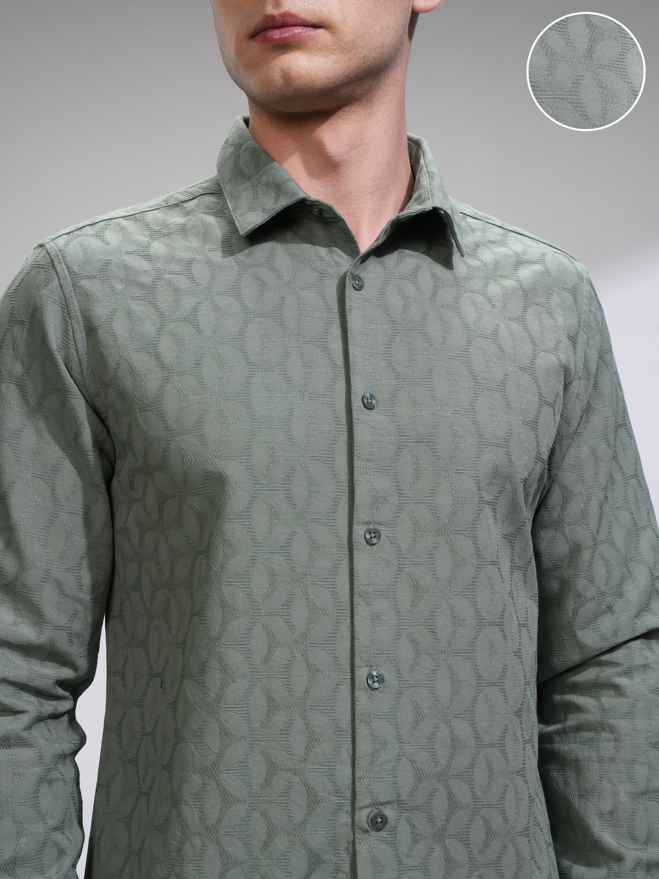 Highlander Men Green Self Design Slim Fit Casual Shirt - Green - Image 5
