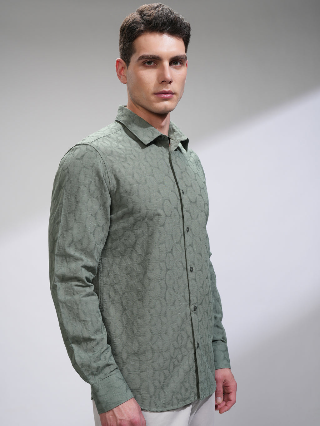 Highlander Men Green Self Design Slim Fit Casual Shirt - Green - Image 6
