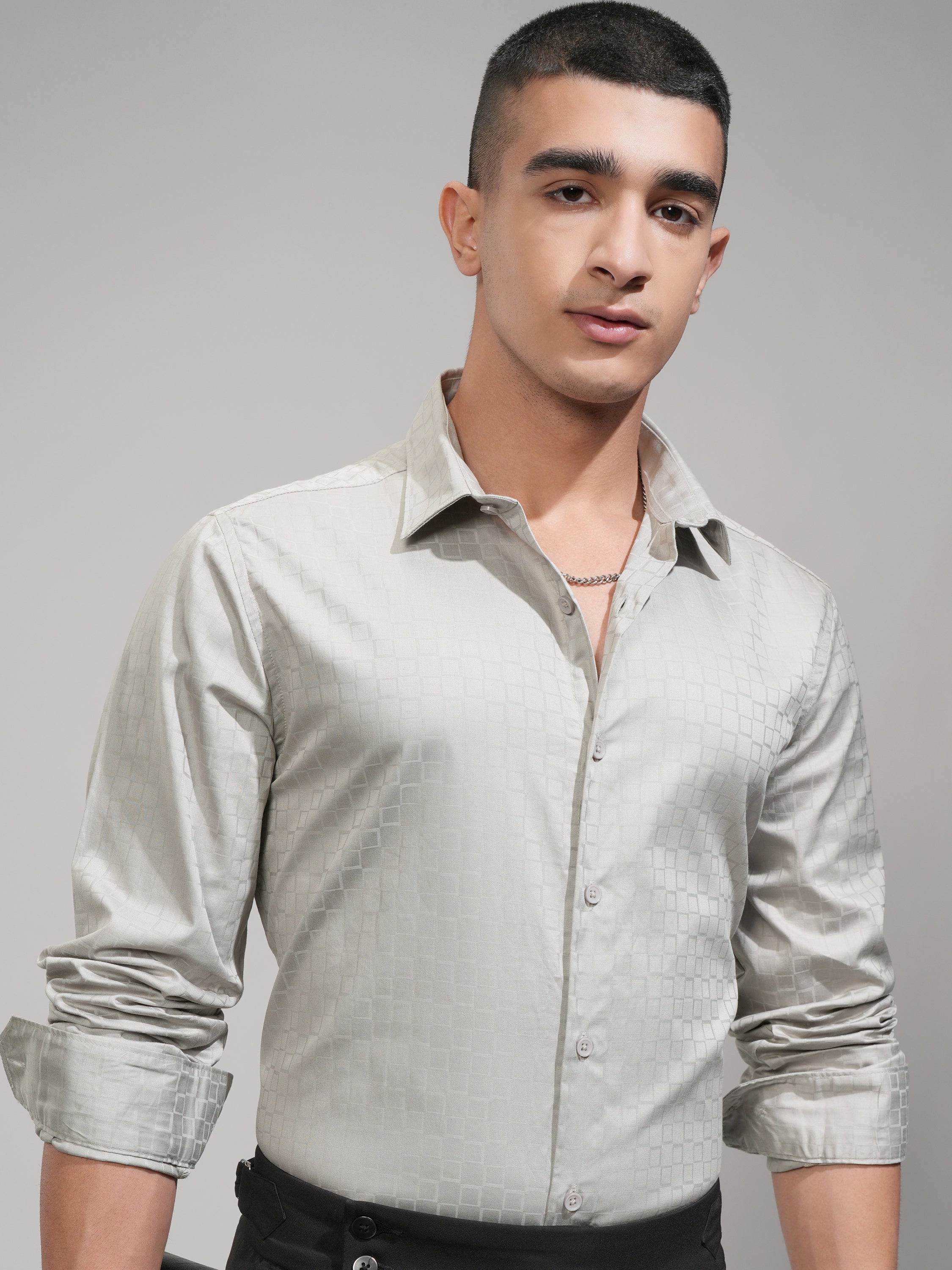 Highlander Men Grey Self Design Slim Fit Casual Shirt - Grey - Image 1