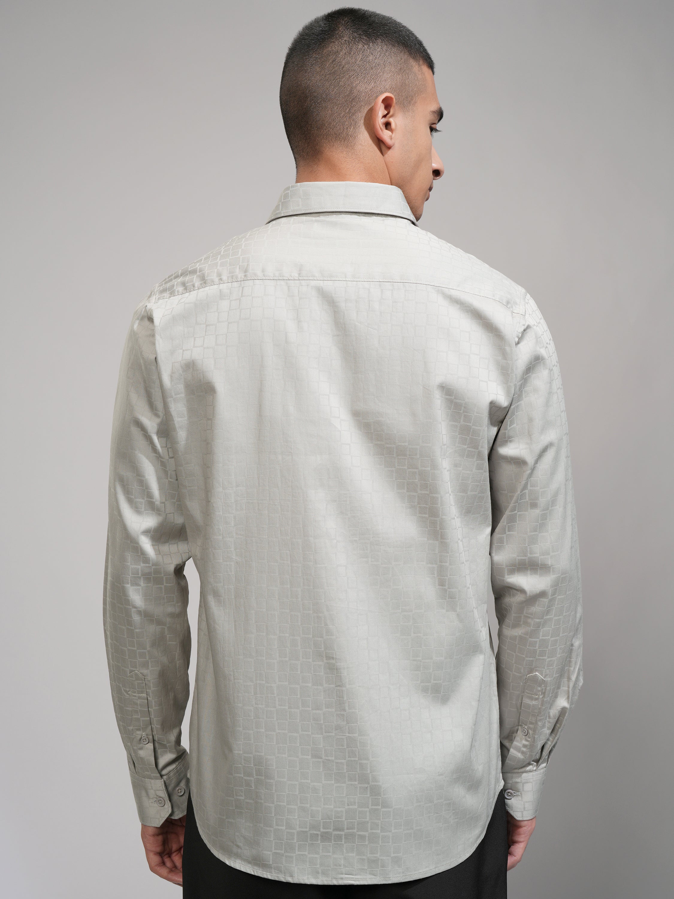 Highlander Men Grey Self Design Slim Fit Casual Shirt - Grey - Image 3