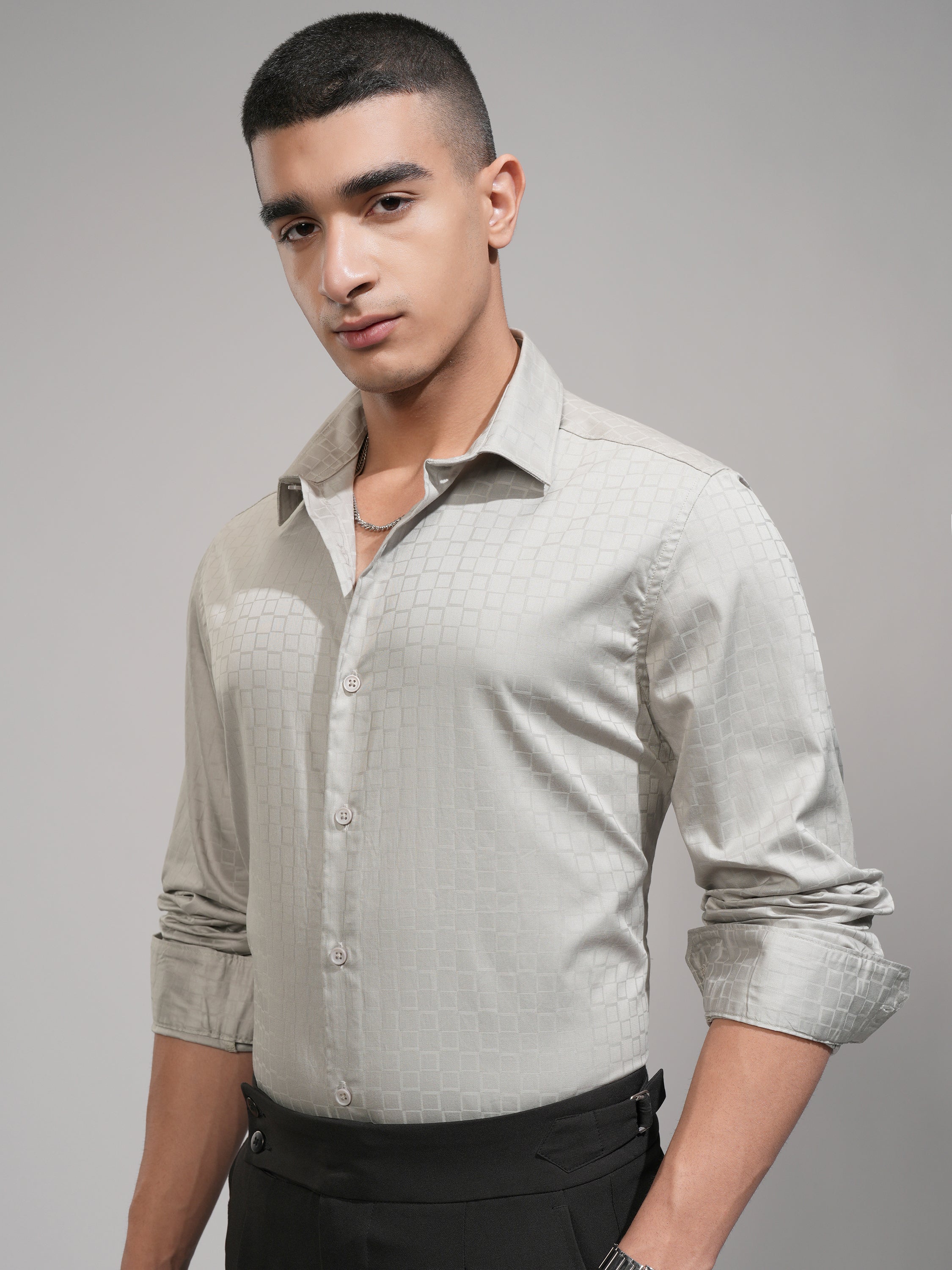 Highlander Men Grey Self Design Slim Fit Casual Shirt - Grey - Image 4