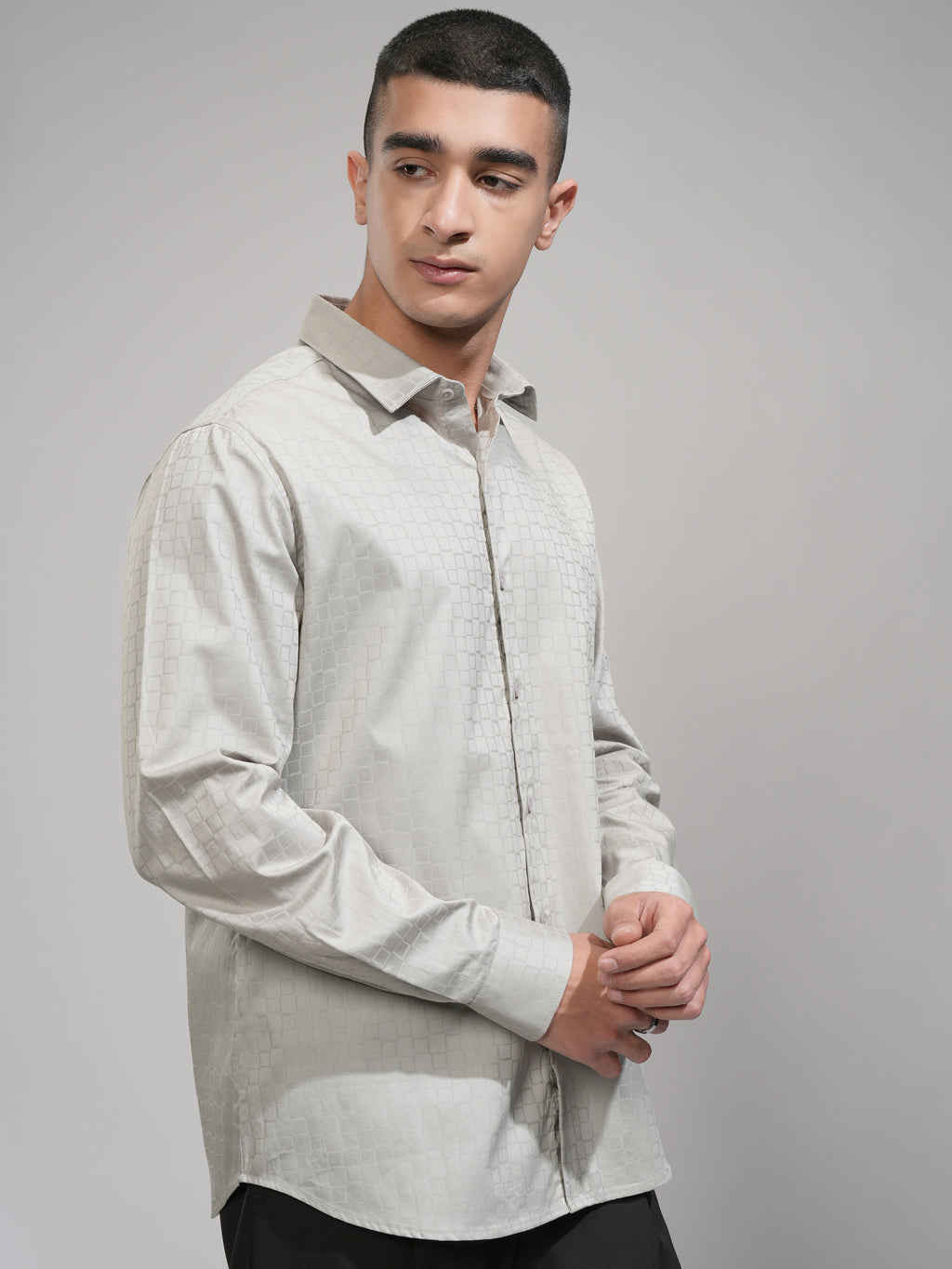 Highlander Men Grey Self Design Slim Fit Casual Shirt - Grey - Image 6