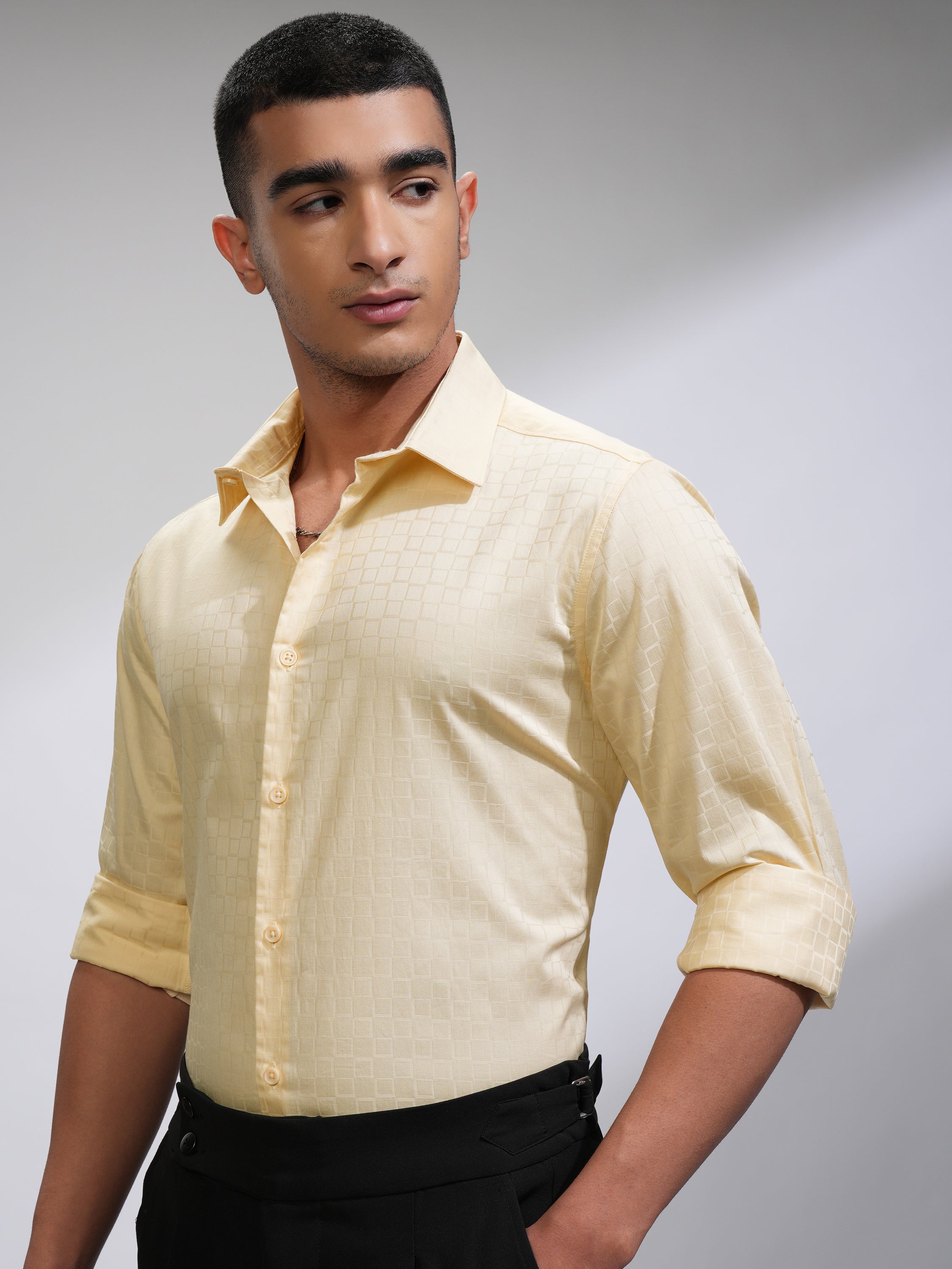 Highlander Men Cream Textured Slim Fit Casual Shirt - Cream - Image 4