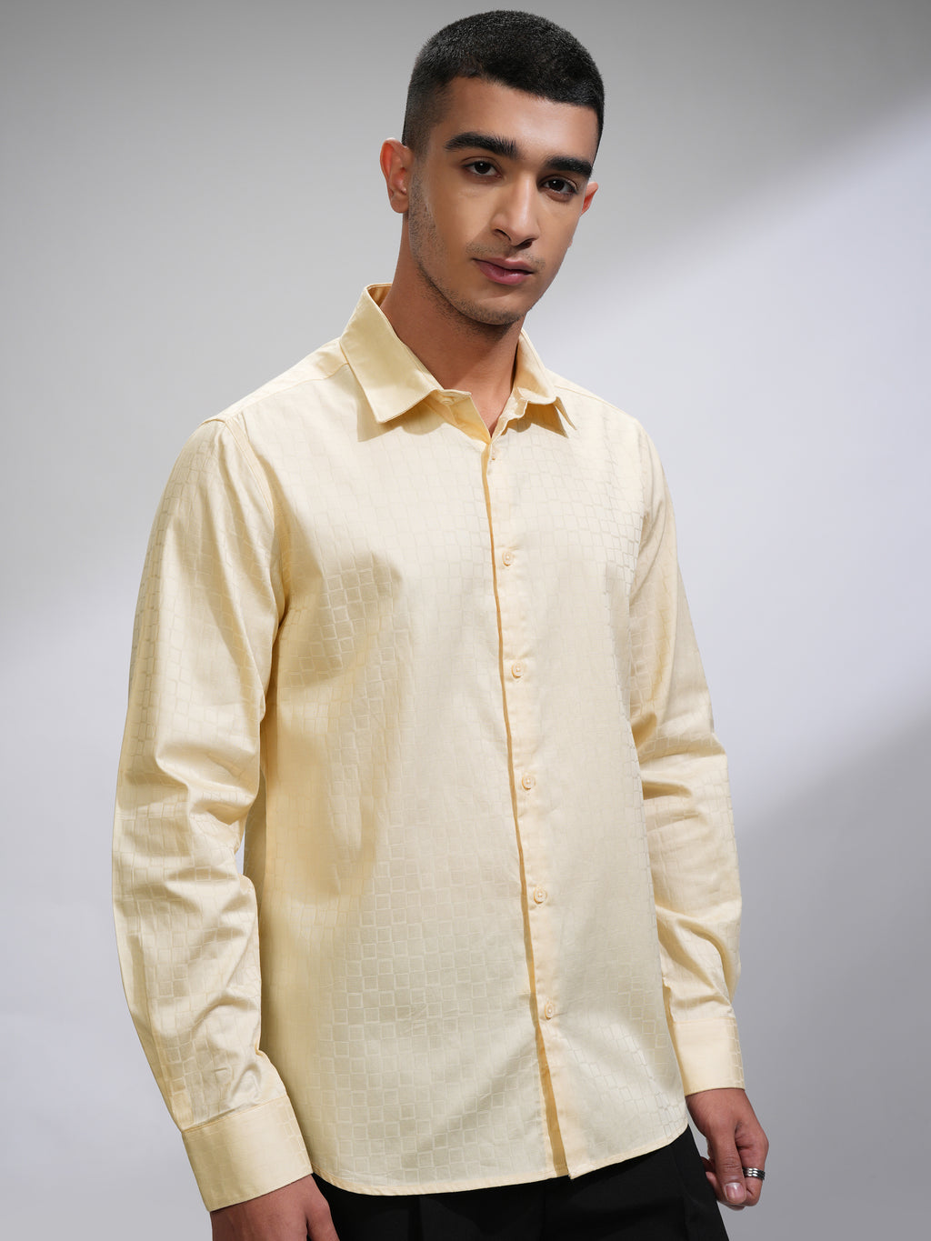 Highlander Men Cream Textured Slim Fit Casual Shirt - Cream - Image 6