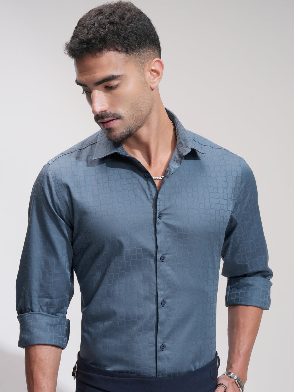 Highlander Men Blue Checked Slim Fit Casual Shirt - Blue - Image 1