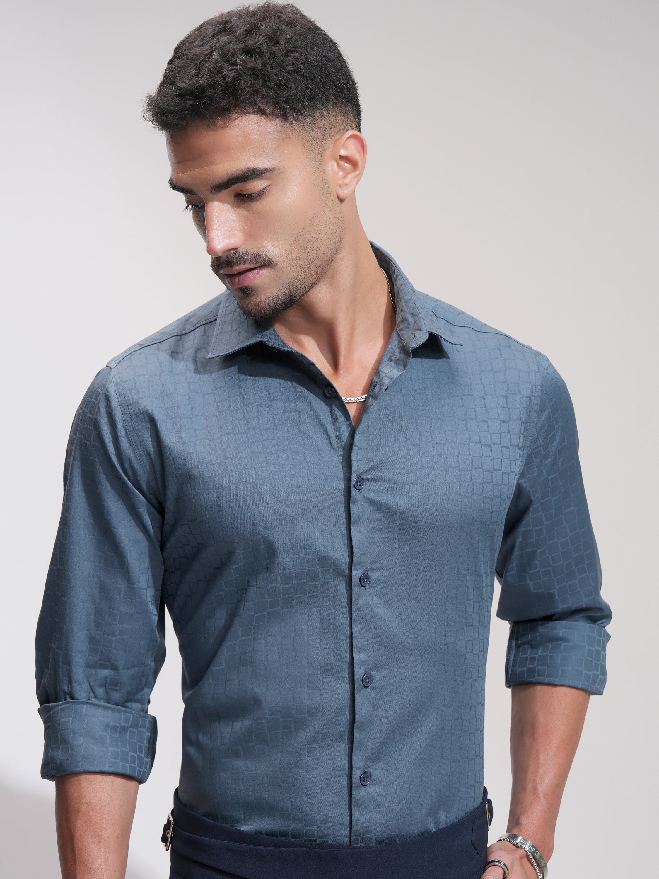 Highlander Men Blue Checked Slim Fit Casual Shirt - Blue - Image 1