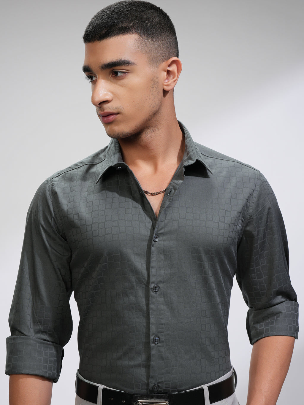 Highlander Men Charcoal Textured Slim Fit Casual Shirt - Charcoal - Image 1