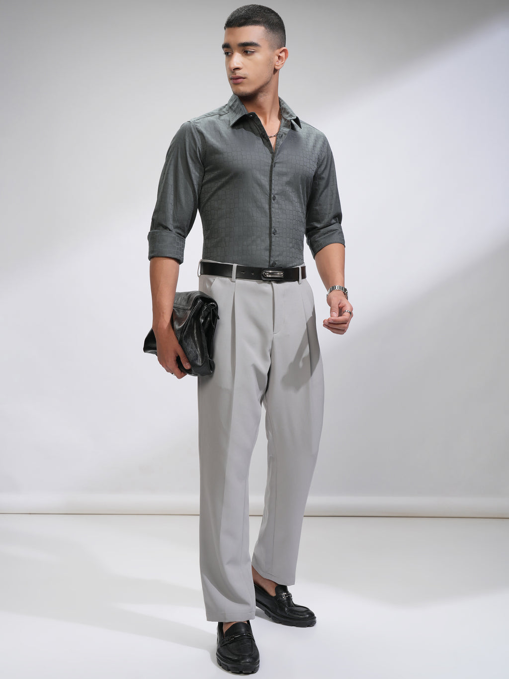Highlander Men Charcoal Textured Slim Fit Casual Shirt - Charcoal - Image 2