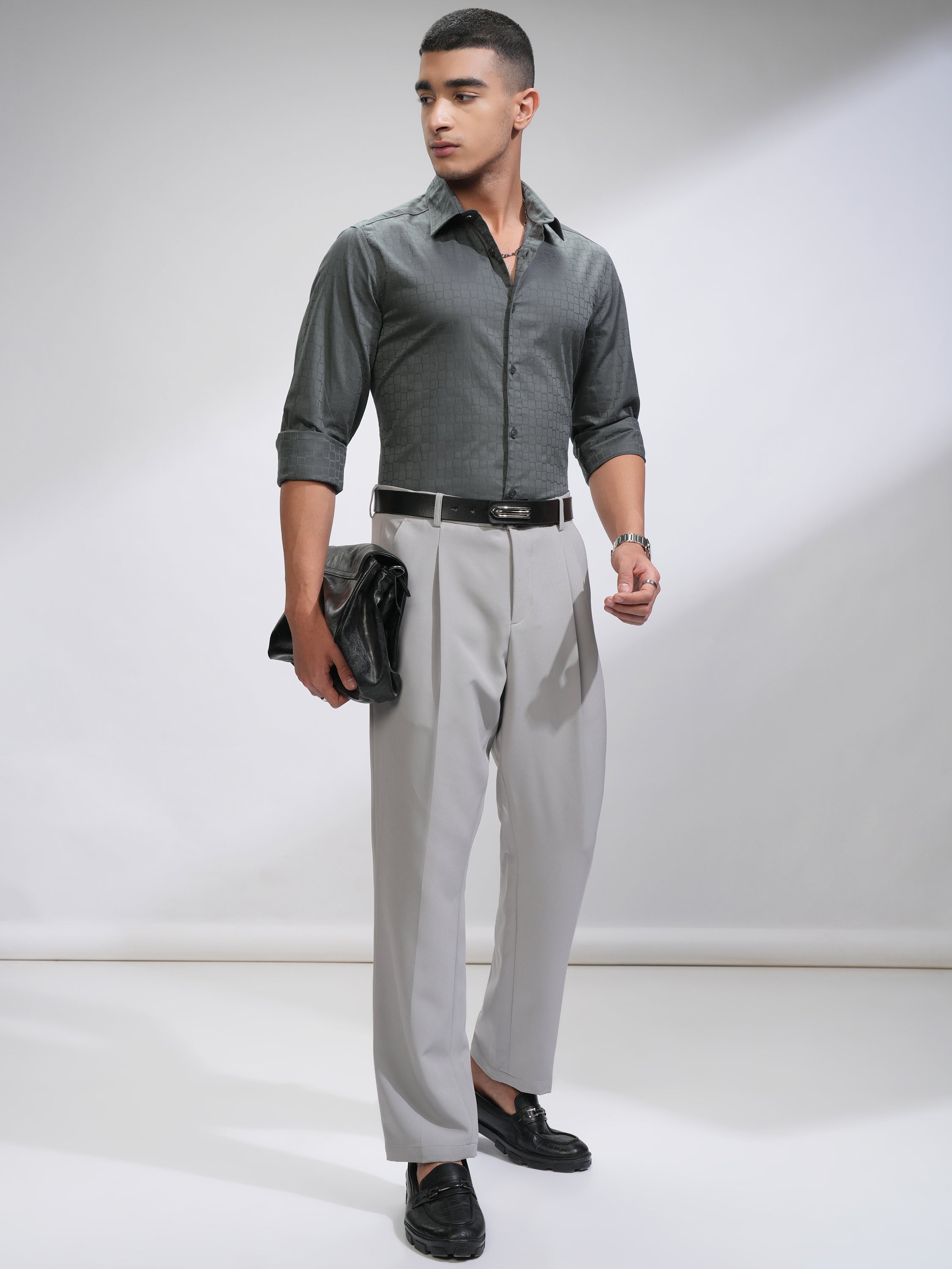 Highlander Men Charcoal Textured Slim Fit Casual Shirt - Charcoal - Image 2
