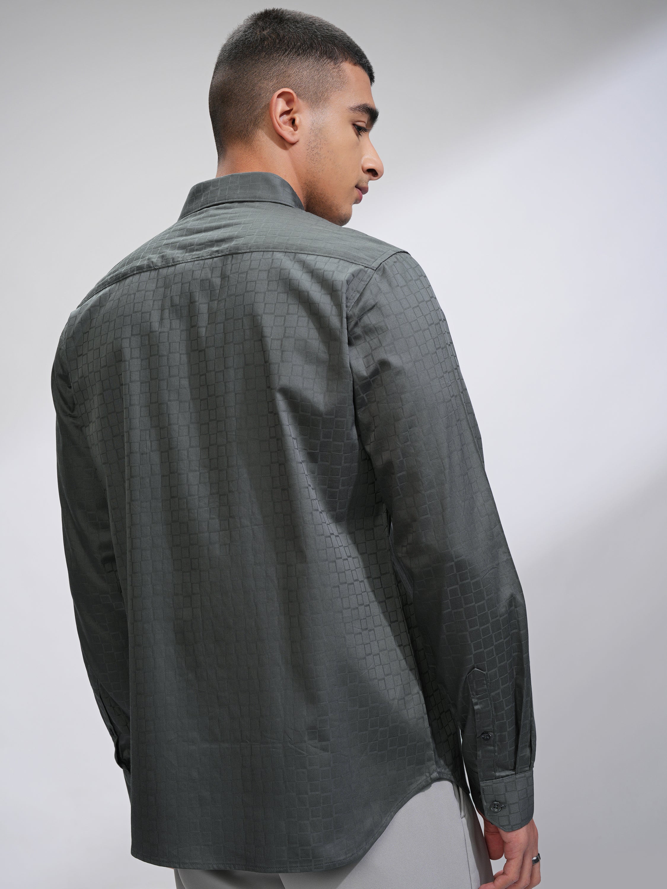 Highlander Men Charcoal Textured Slim Fit Casual Shirt - Charcoal - Image 3