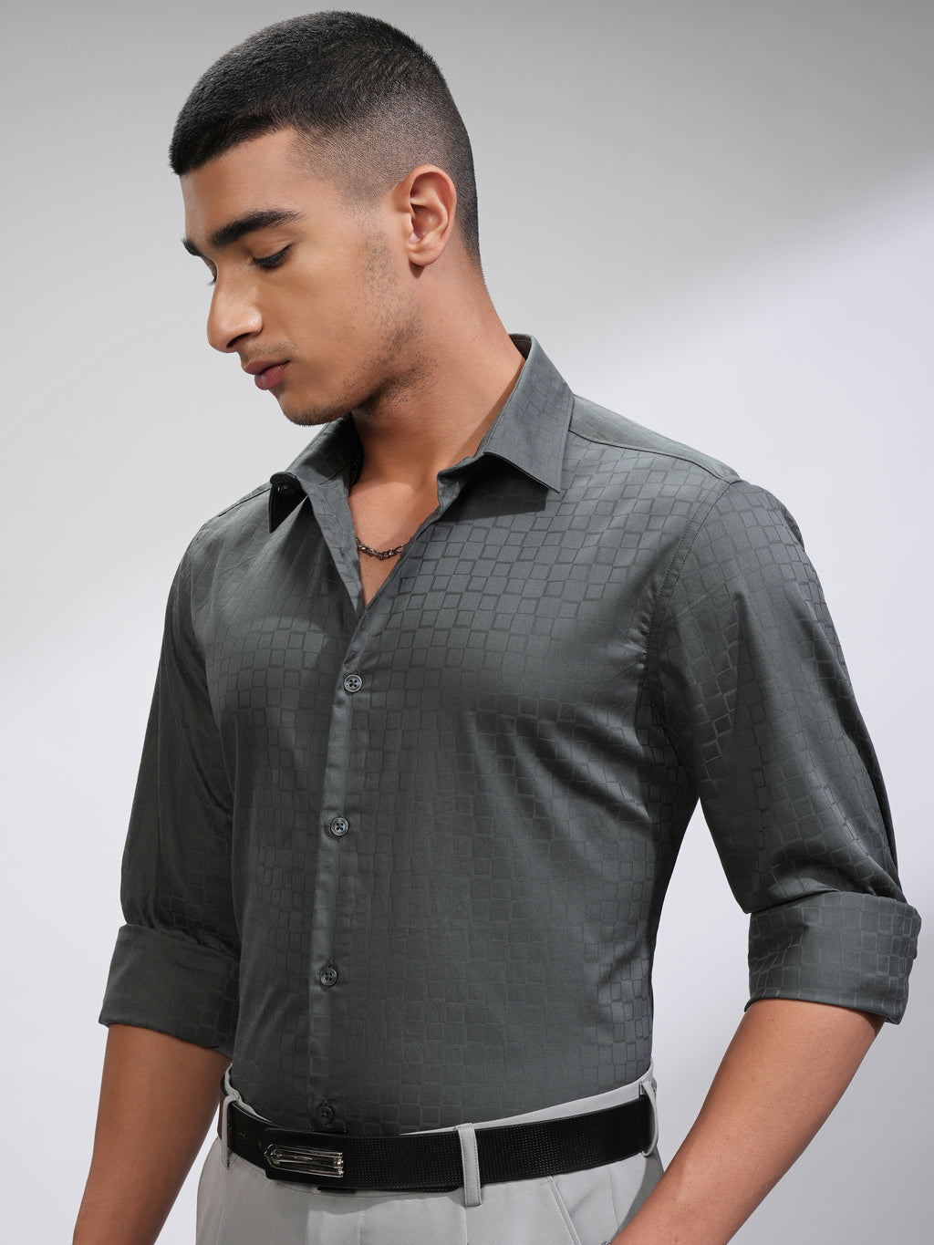 Highlander Men Charcoal Textured Slim Fit Casual Shirt - Charcoal - Image 4