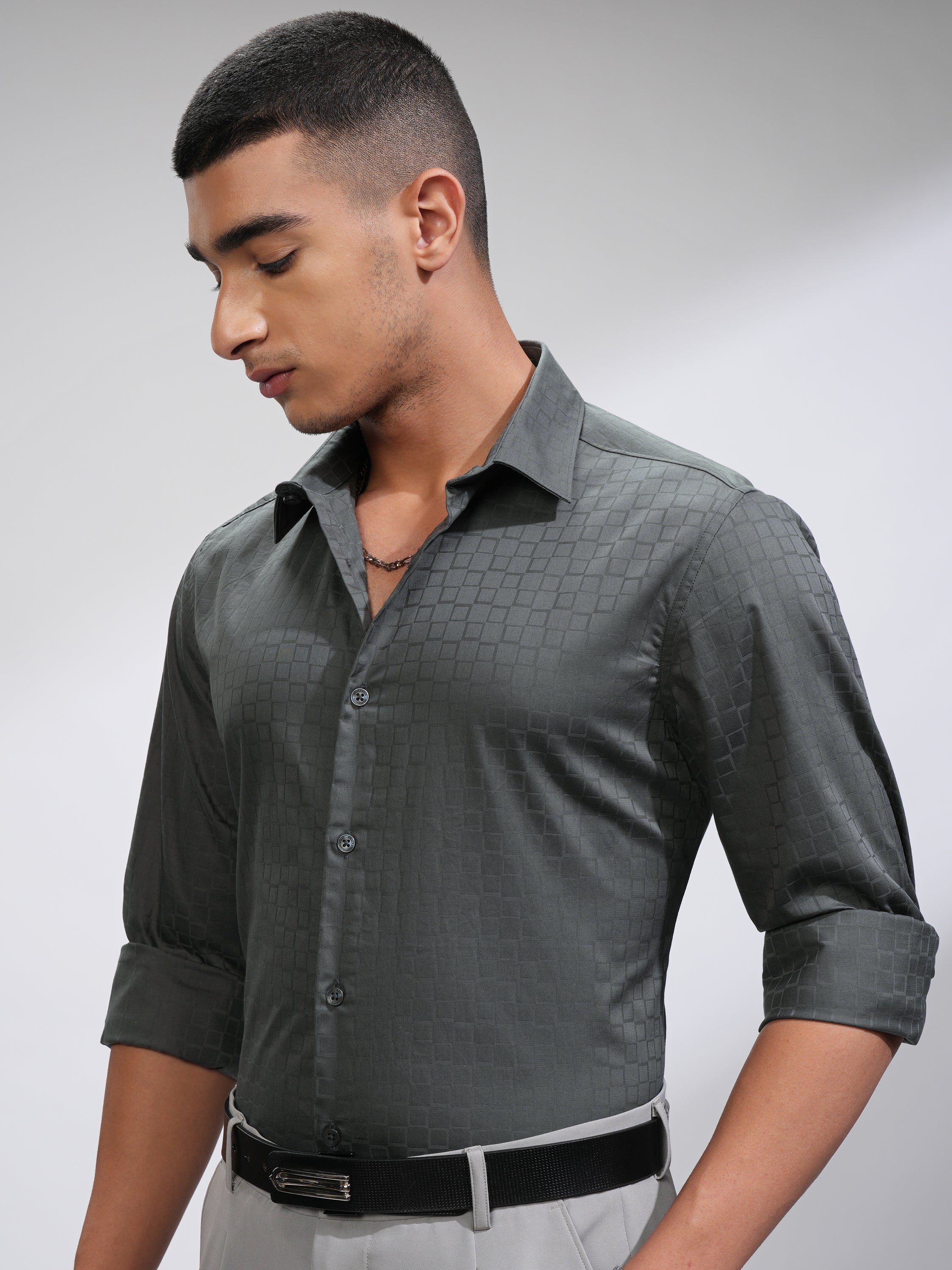 Highlander Men Charcoal Textured Slim Fit Casual Shirt - Charcoal - Image 4