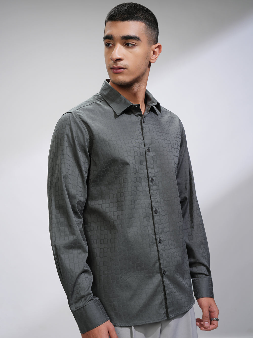 Highlander Men Charcoal Textured Slim Fit Casual Shirt - Charcoal - Image 6