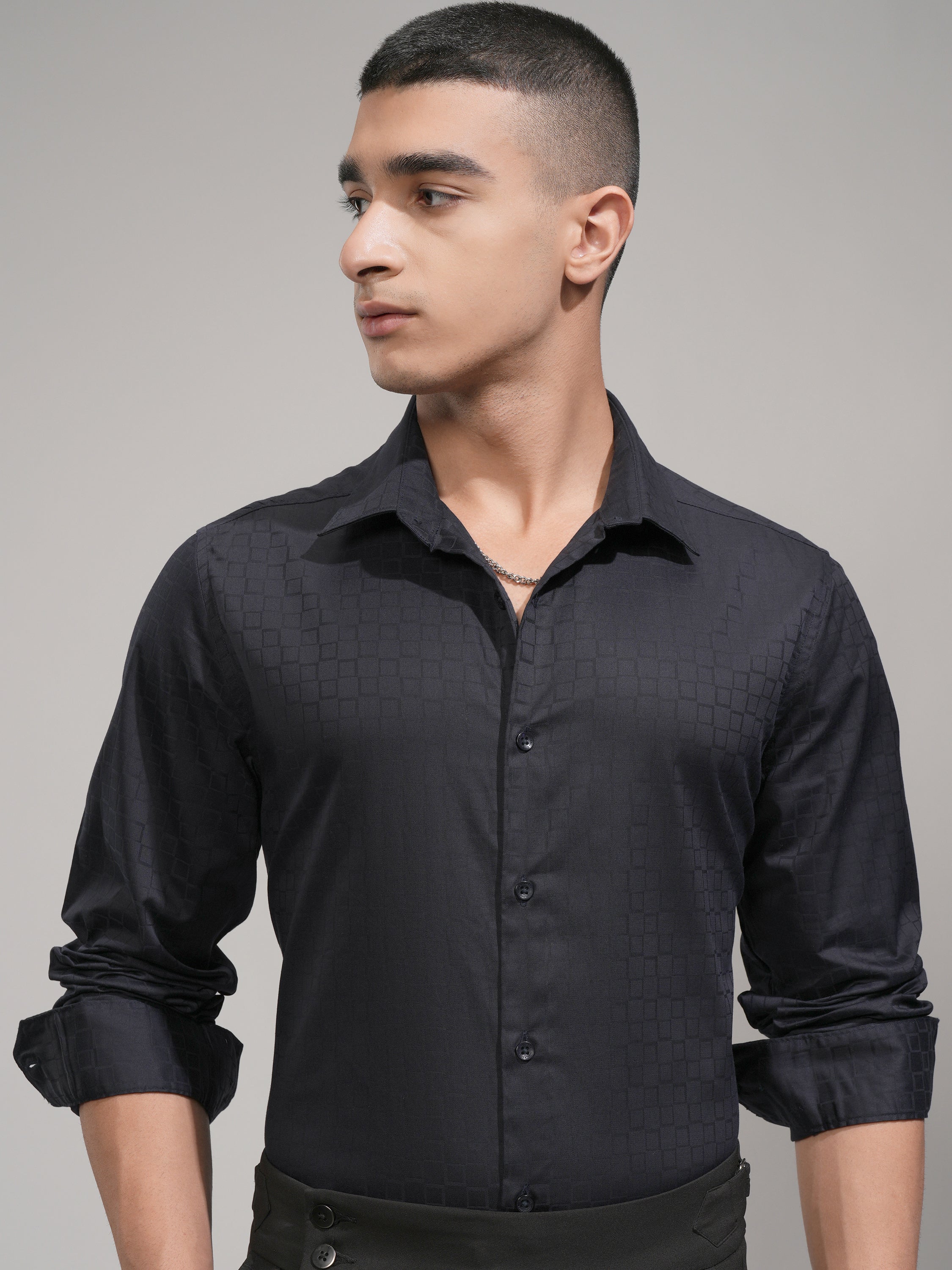 Highlander Men Navy Blue Self Design Slim Fit Casual Shirt - Navy Blue - Image 1