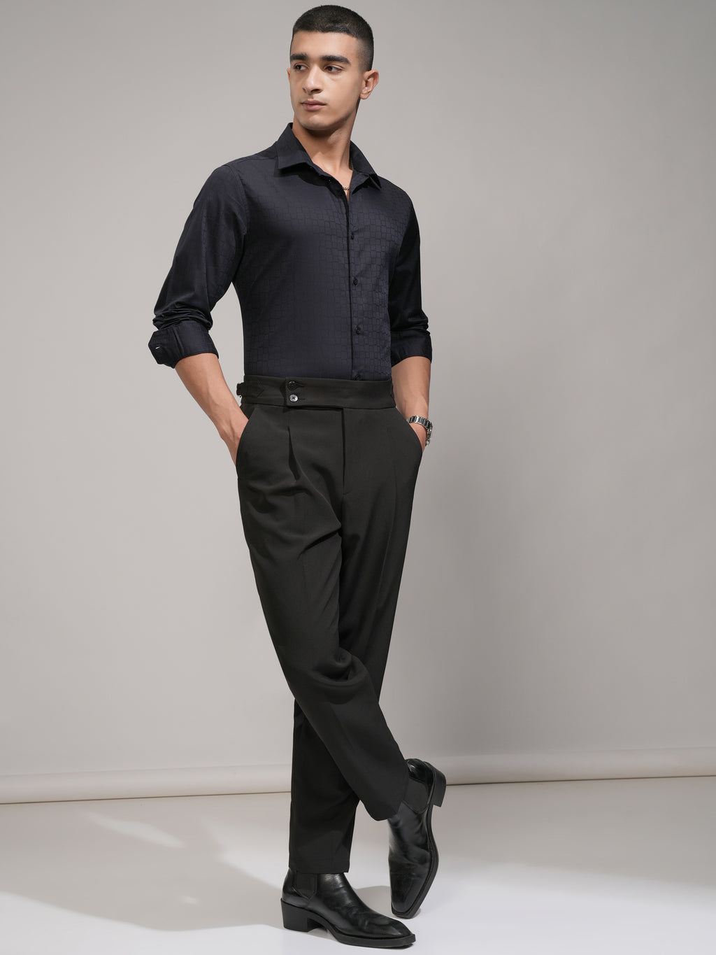 Highlander Men Navy Blue Self Design Slim Fit Casual Shirt - Navy Blue - Image 2