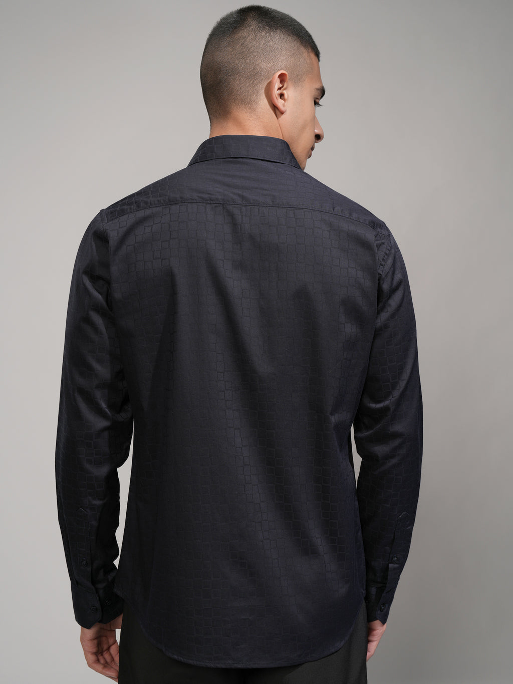 Highlander Men Navy Blue Self Design Slim Fit Casual Shirt - Navy Blue - Image 3