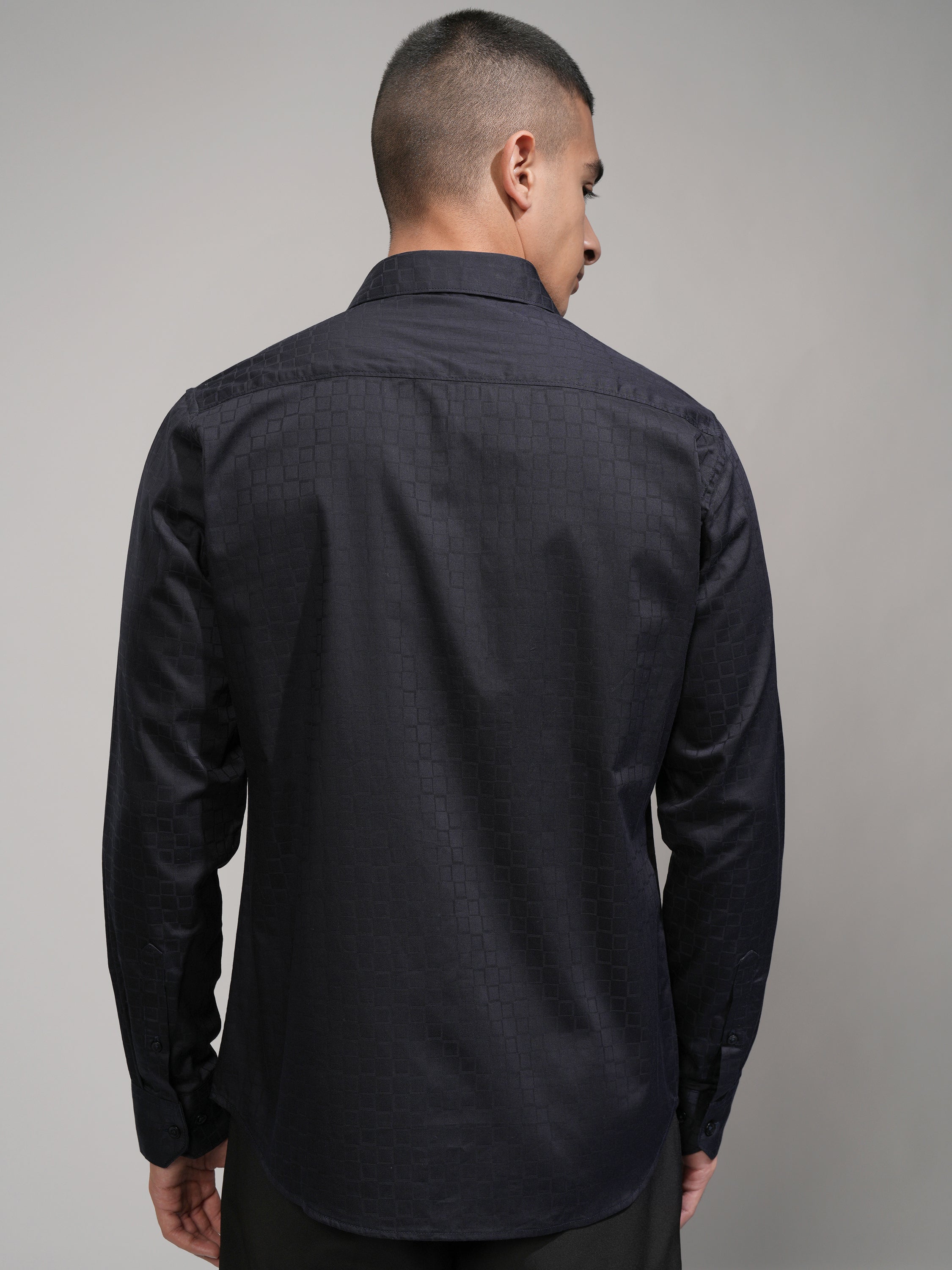 Highlander Men Navy Blue Self Design Slim Fit Casual Shirt - Navy Blue - Image 3