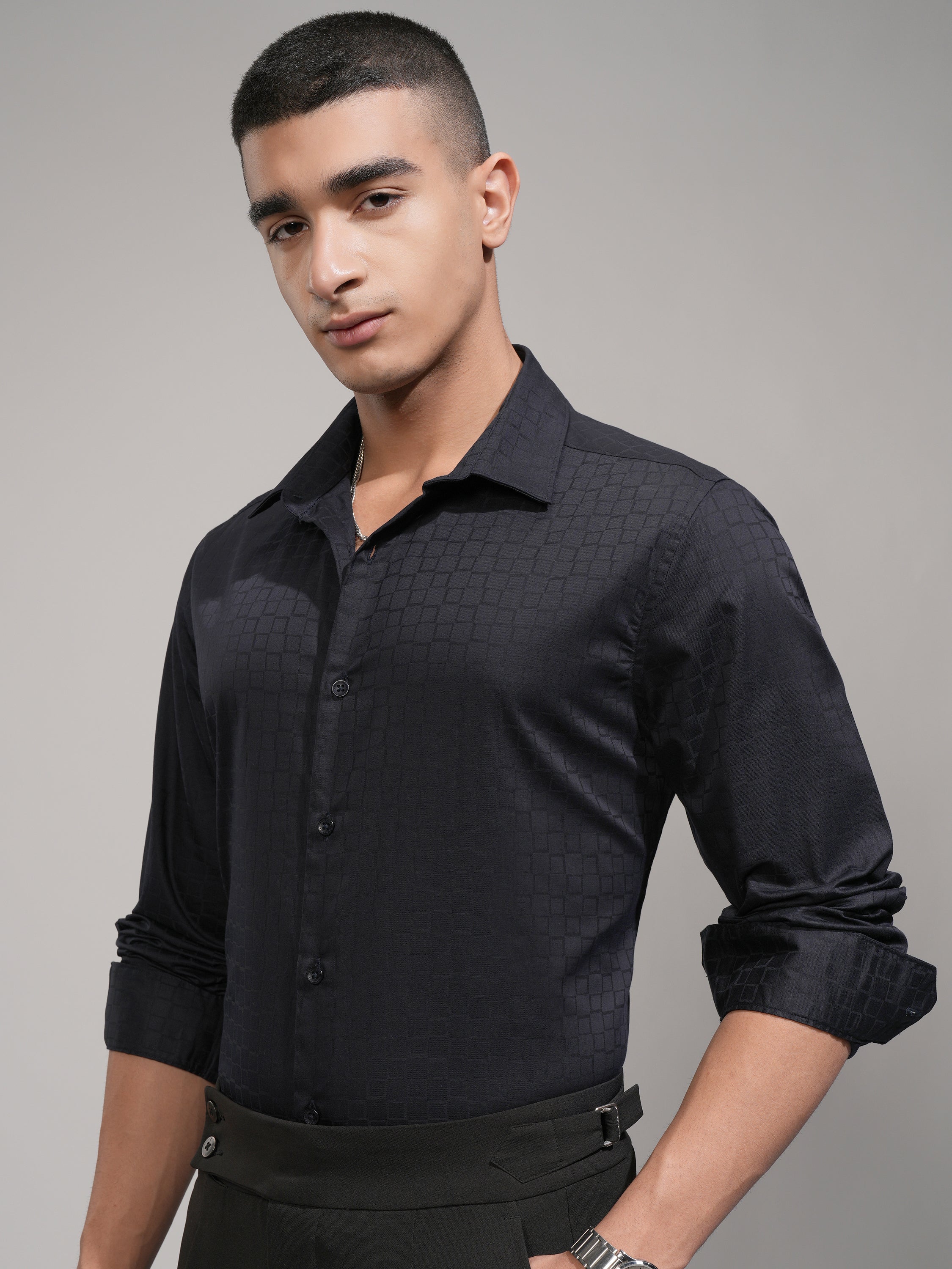 Highlander Men Navy Blue Self Design Slim Fit Casual Shirt - Navy Blue - Image 4