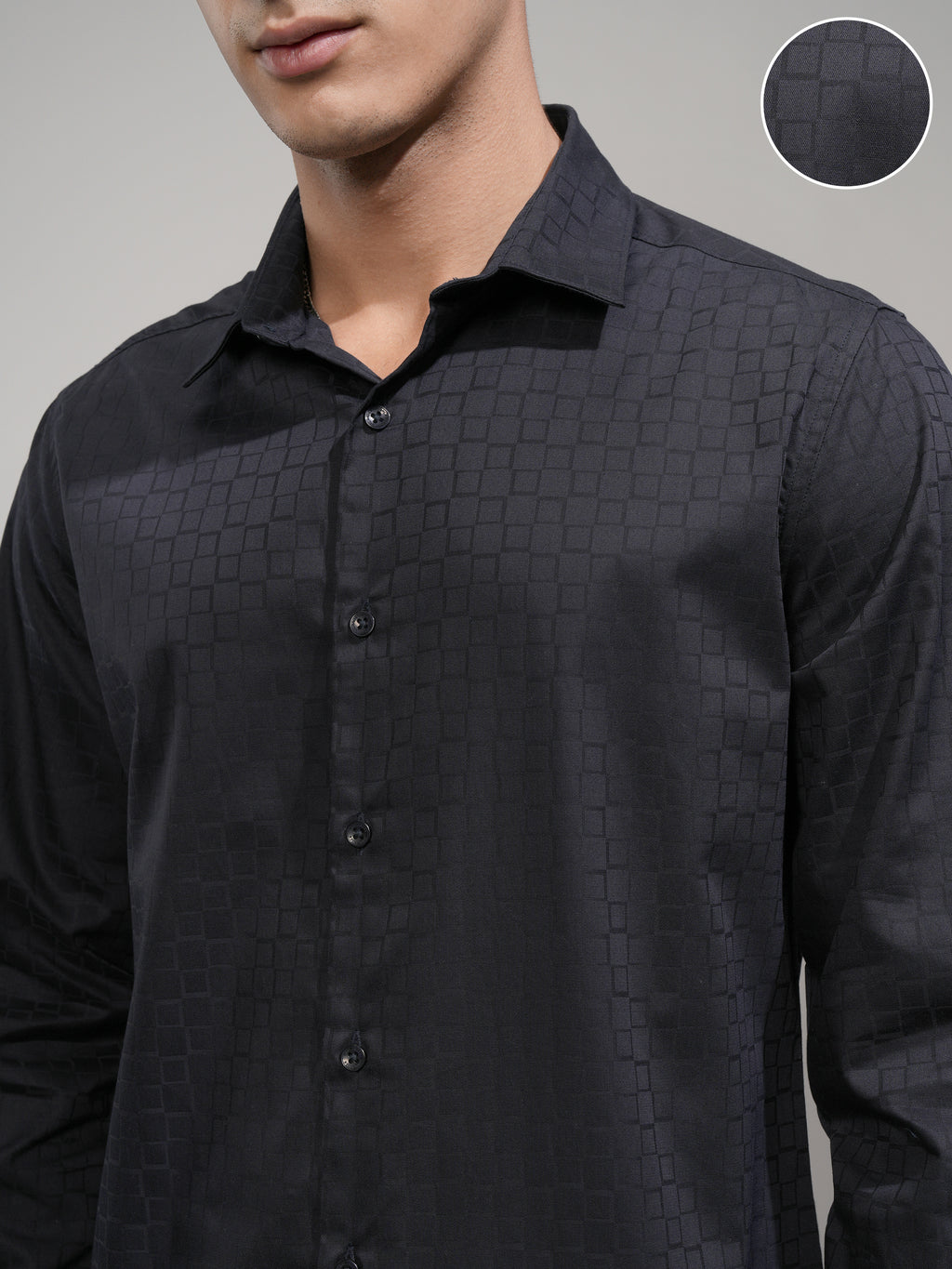 Highlander Men Navy Blue Self Design Slim Fit Casual Shirt - Navy Blue - Image 5
