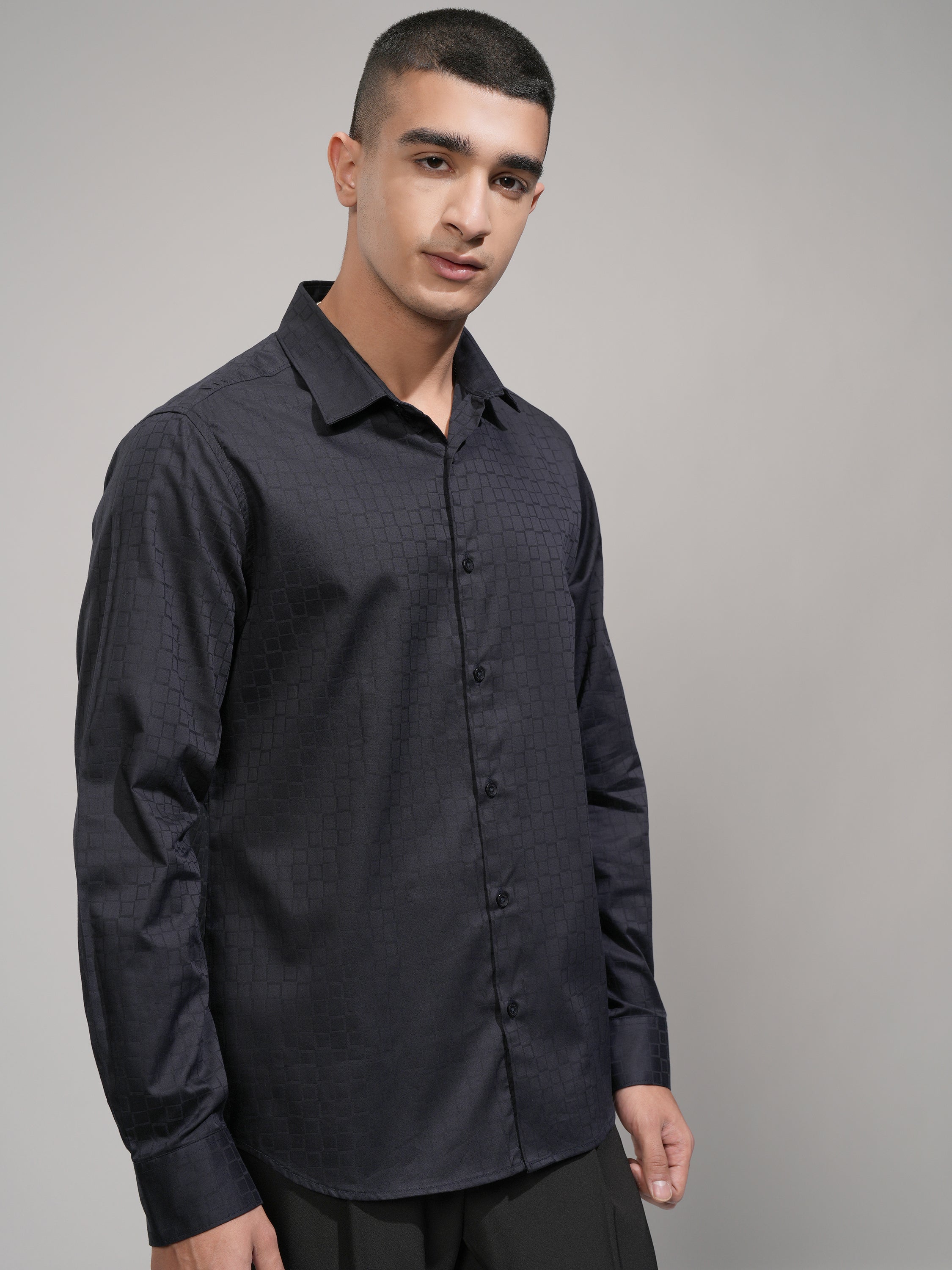 Highlander Men Navy Blue Self Design Slim Fit Casual Shirt - Navy Blue - Image 6