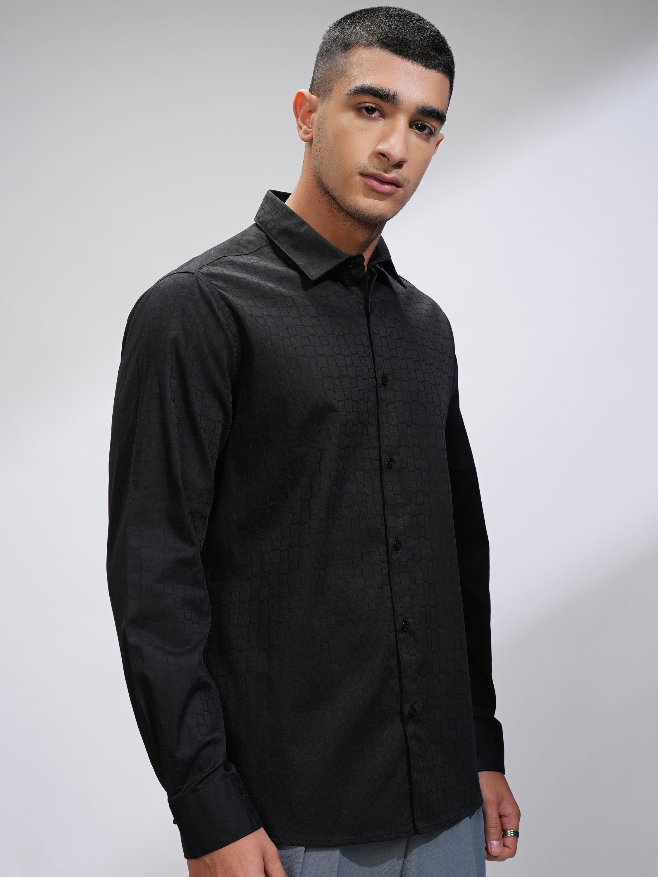 Highlander Men Black Textured Slim Fit Casual Shirt - Black - Image 6