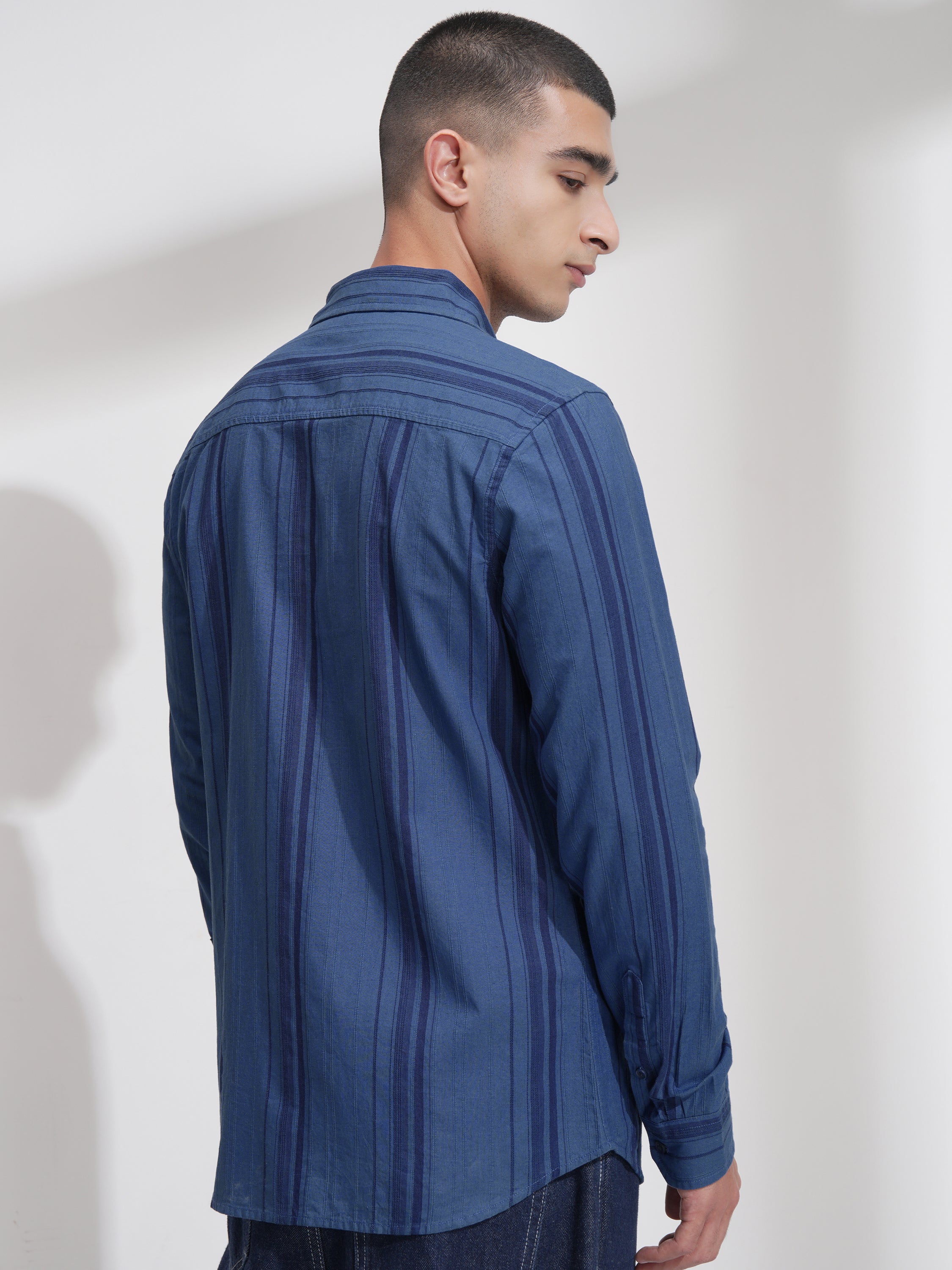 Highlander Men Blue Striped Relaxed Fit Casual Shirt - Blue - Image 3