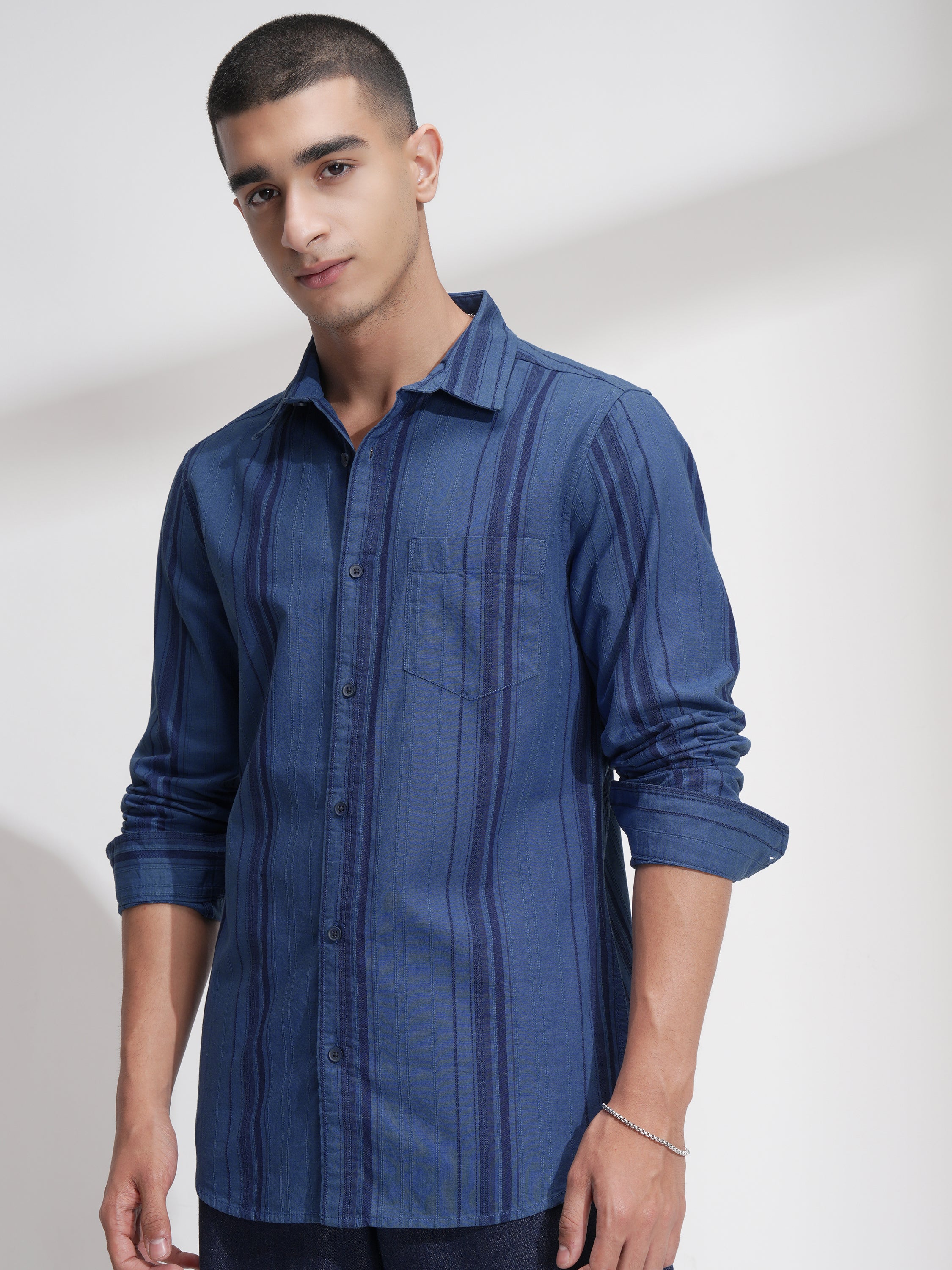 Highlander Men Blue Striped Relaxed Fit Casual Shirt - Blue - Image 4