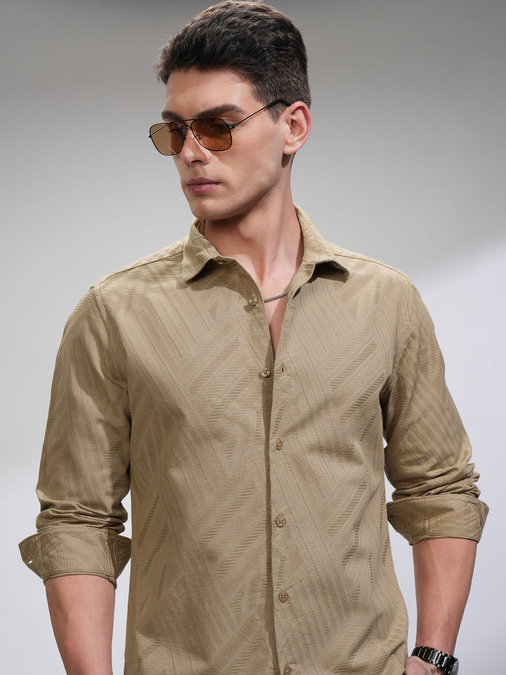 Highlander Men Beige Self Design Slim Fit Casual Shirt - Beige - Image 1