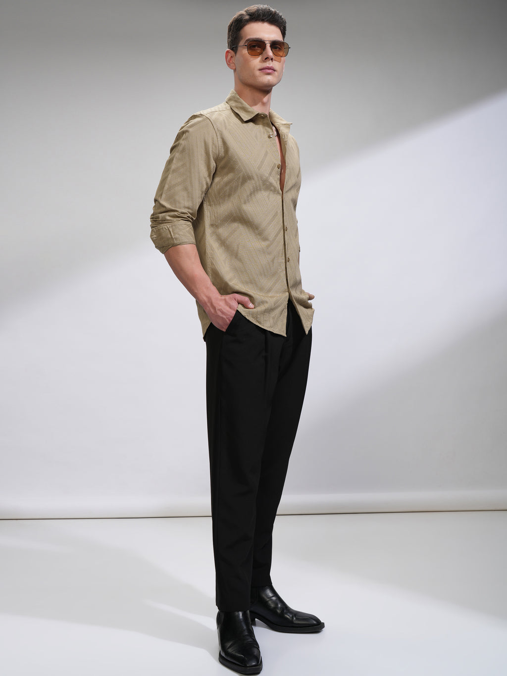 Highlander Men Beige Self Design Slim Fit Casual Shirt - Beige - Image 2