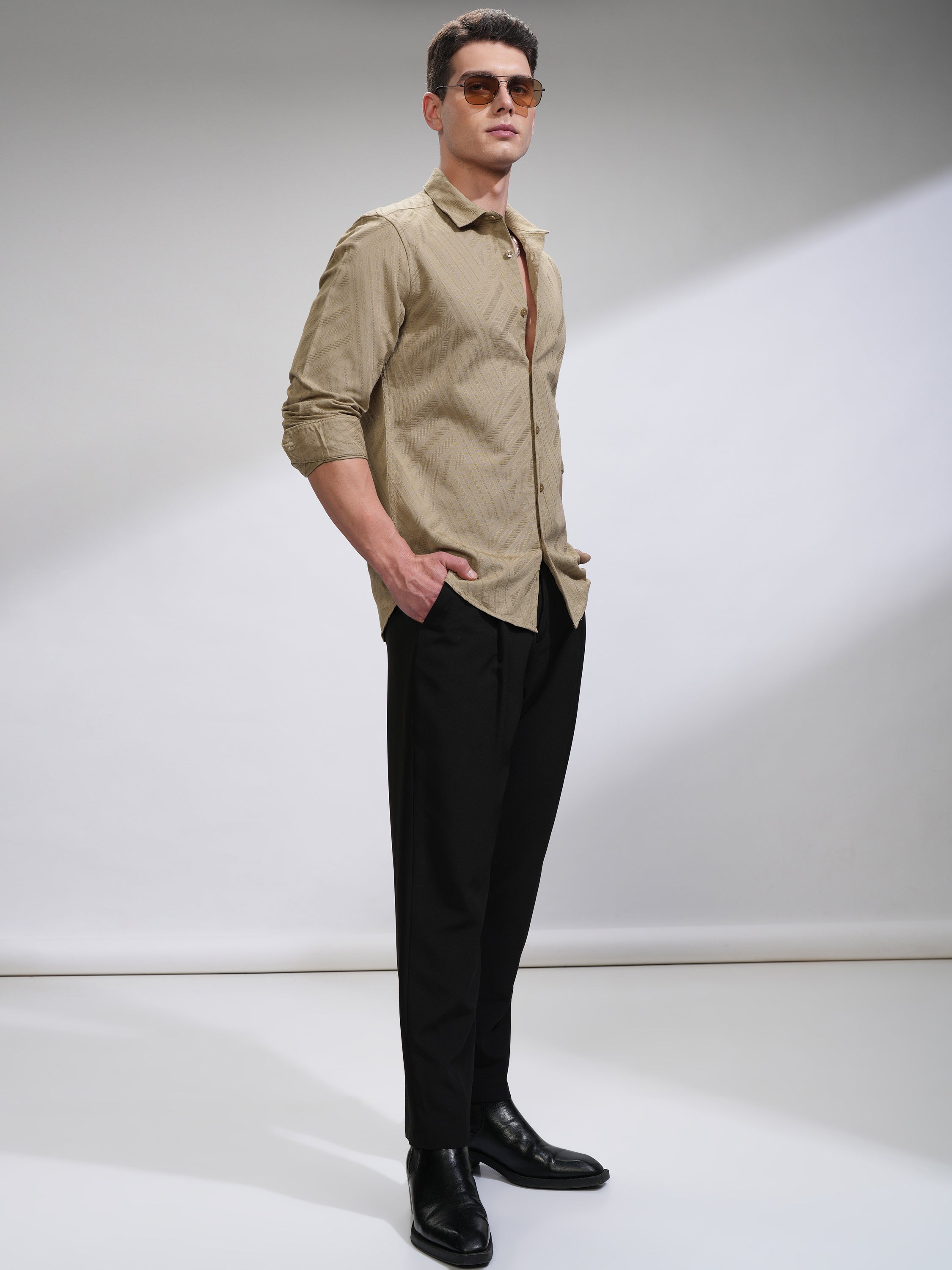 Highlander Men Beige Self Design Slim Fit Casual Shirt - Beige - Image 2