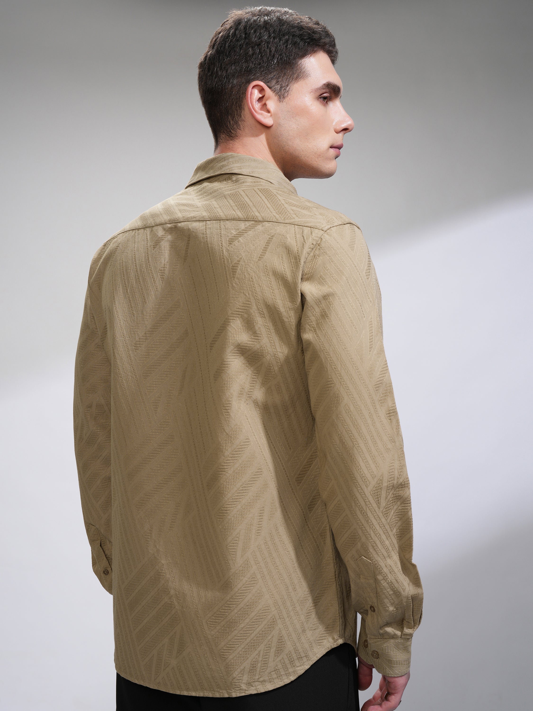 Highlander Men Beige Self Design Slim Fit Casual Shirt - Beige - Image 3