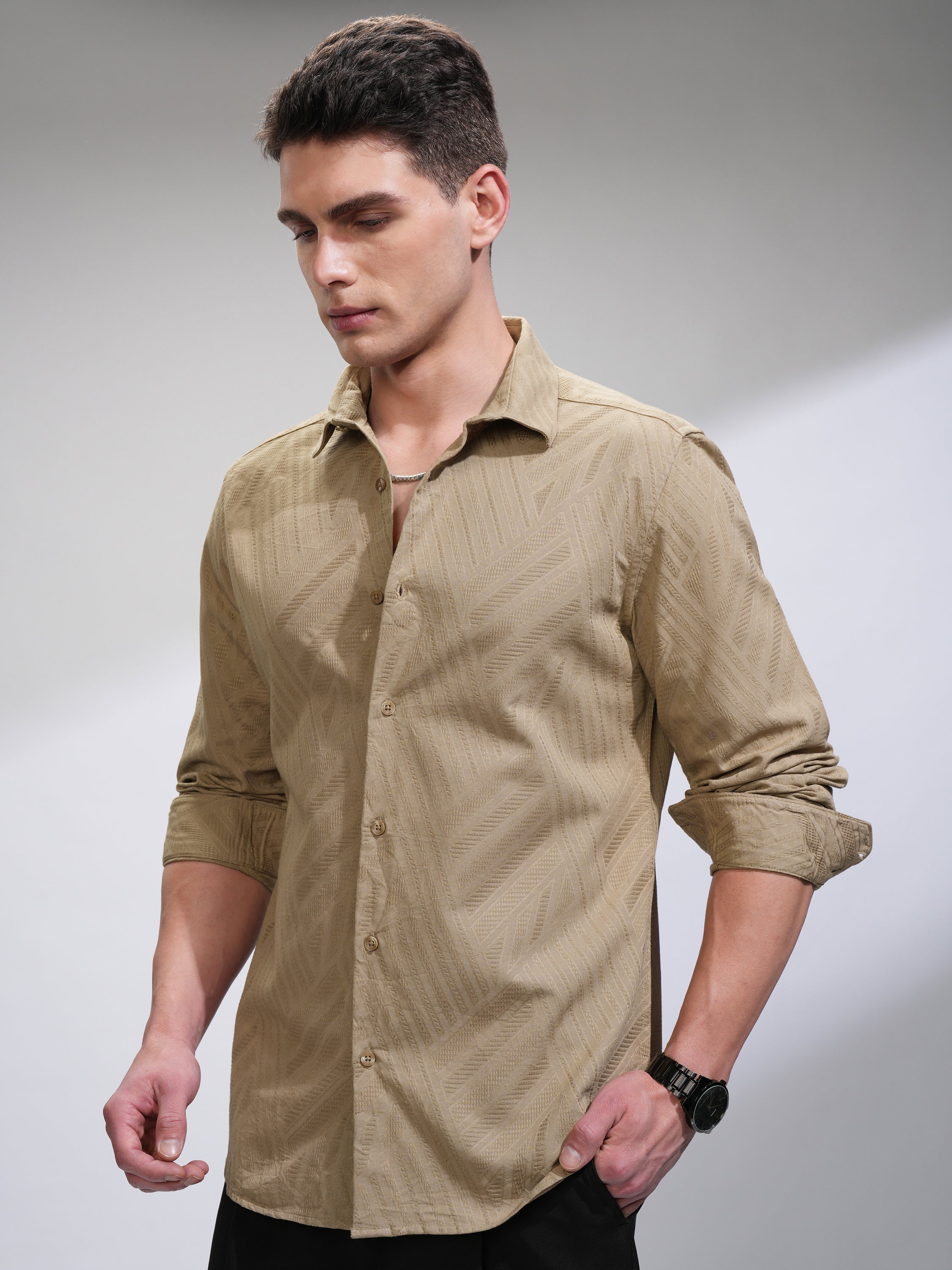Highlander Men Beige Self Design Slim Fit Casual Shirt - Beige - Image 4