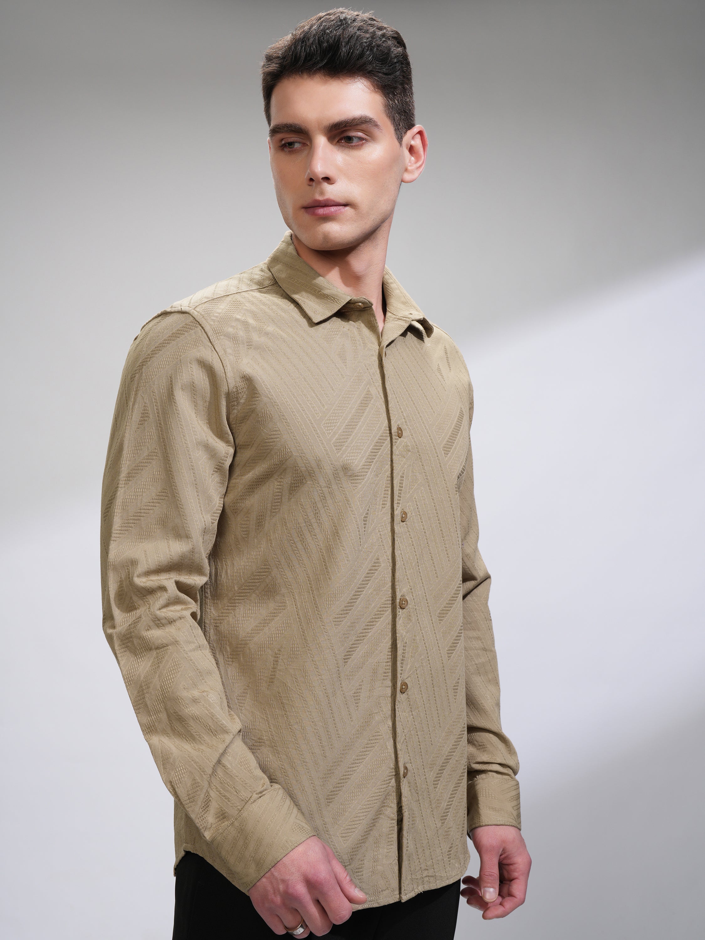 Highlander Men Beige Self Design Slim Fit Casual Shirt - Beige - Image 6