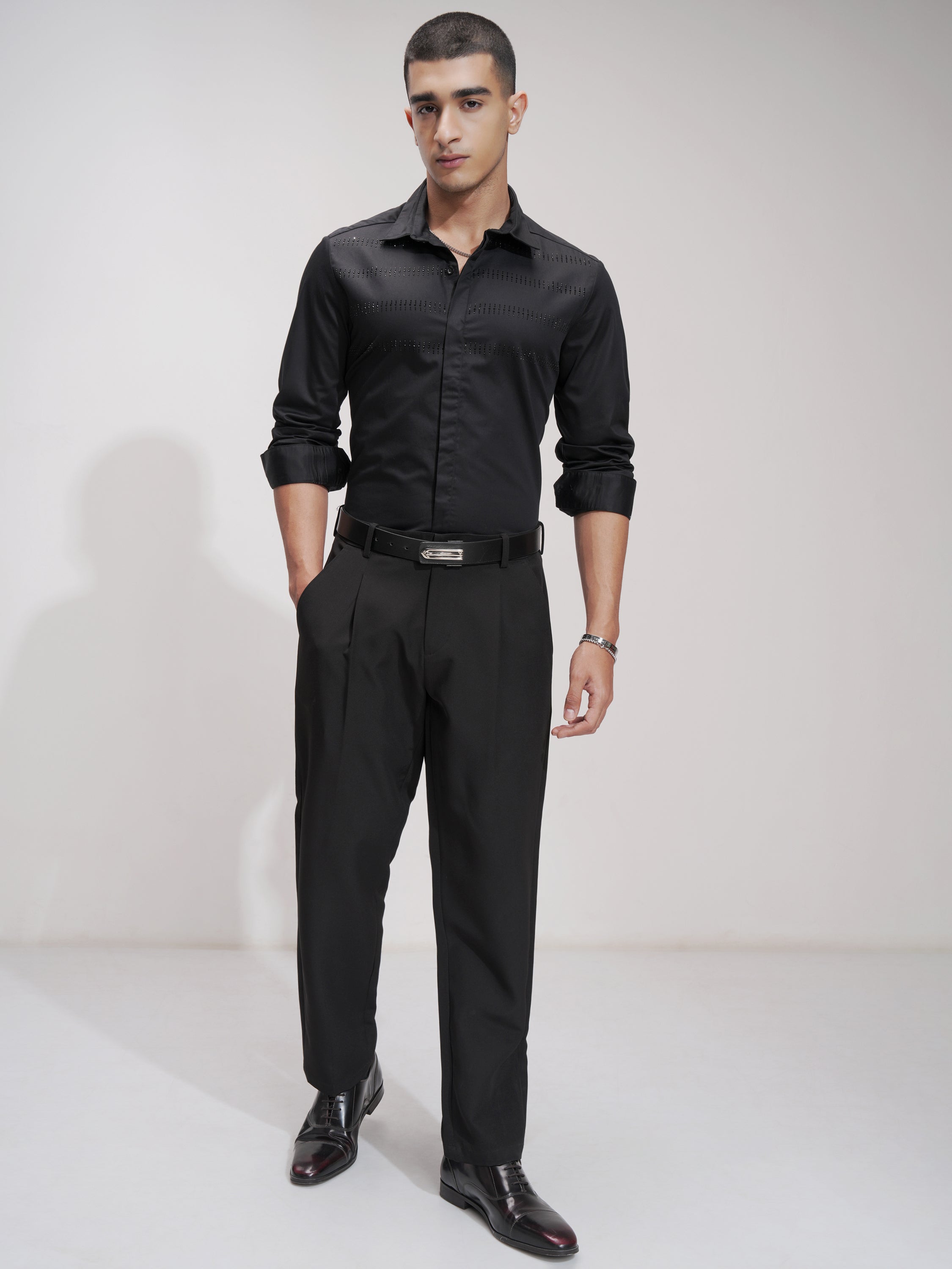 Highlander Men Black Self Design Slim Fit Casual Shirt - Black - Image 2