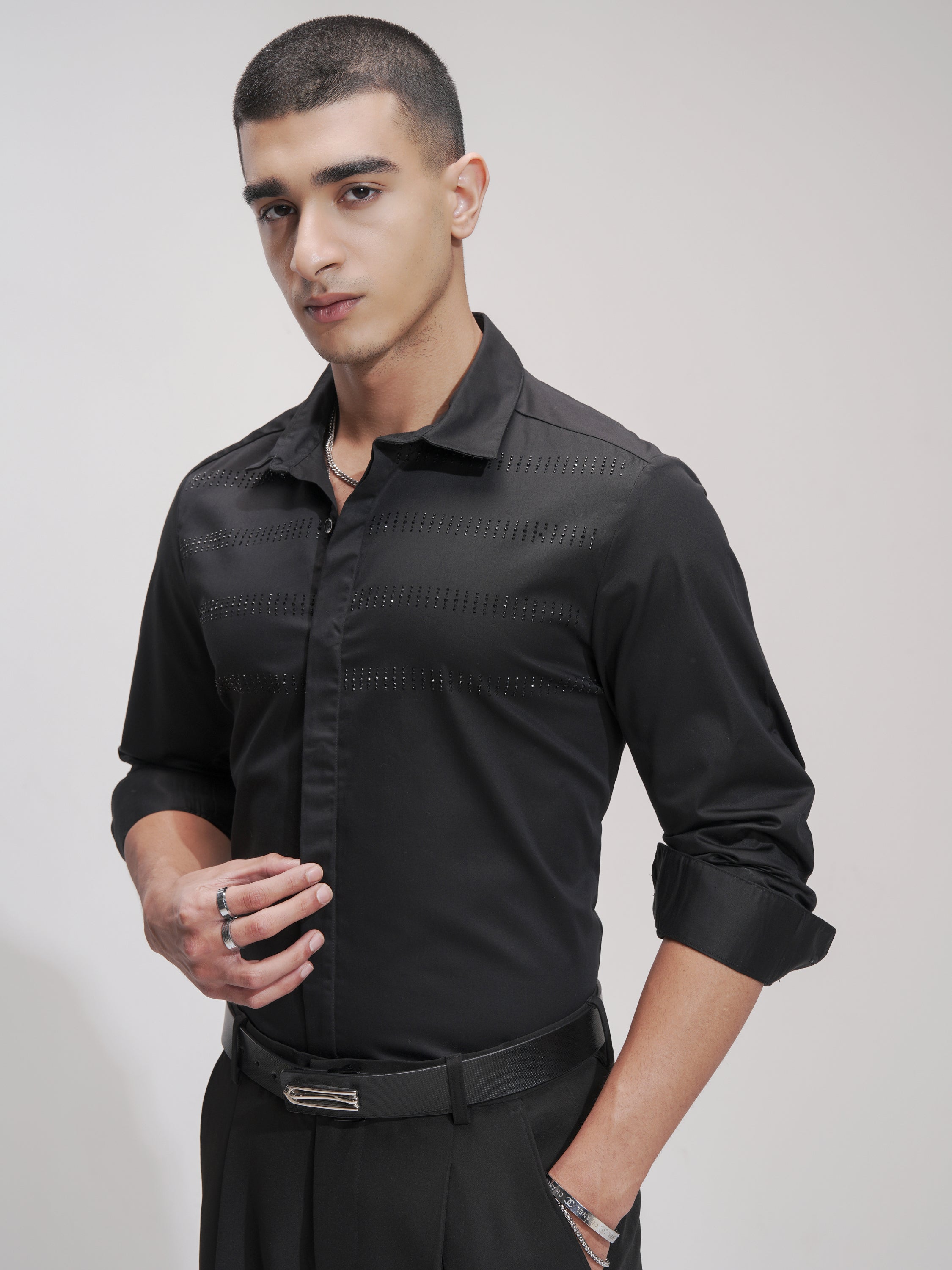 Highlander Men Black Self Design Slim Fit Casual Shirt - Black - Image 4