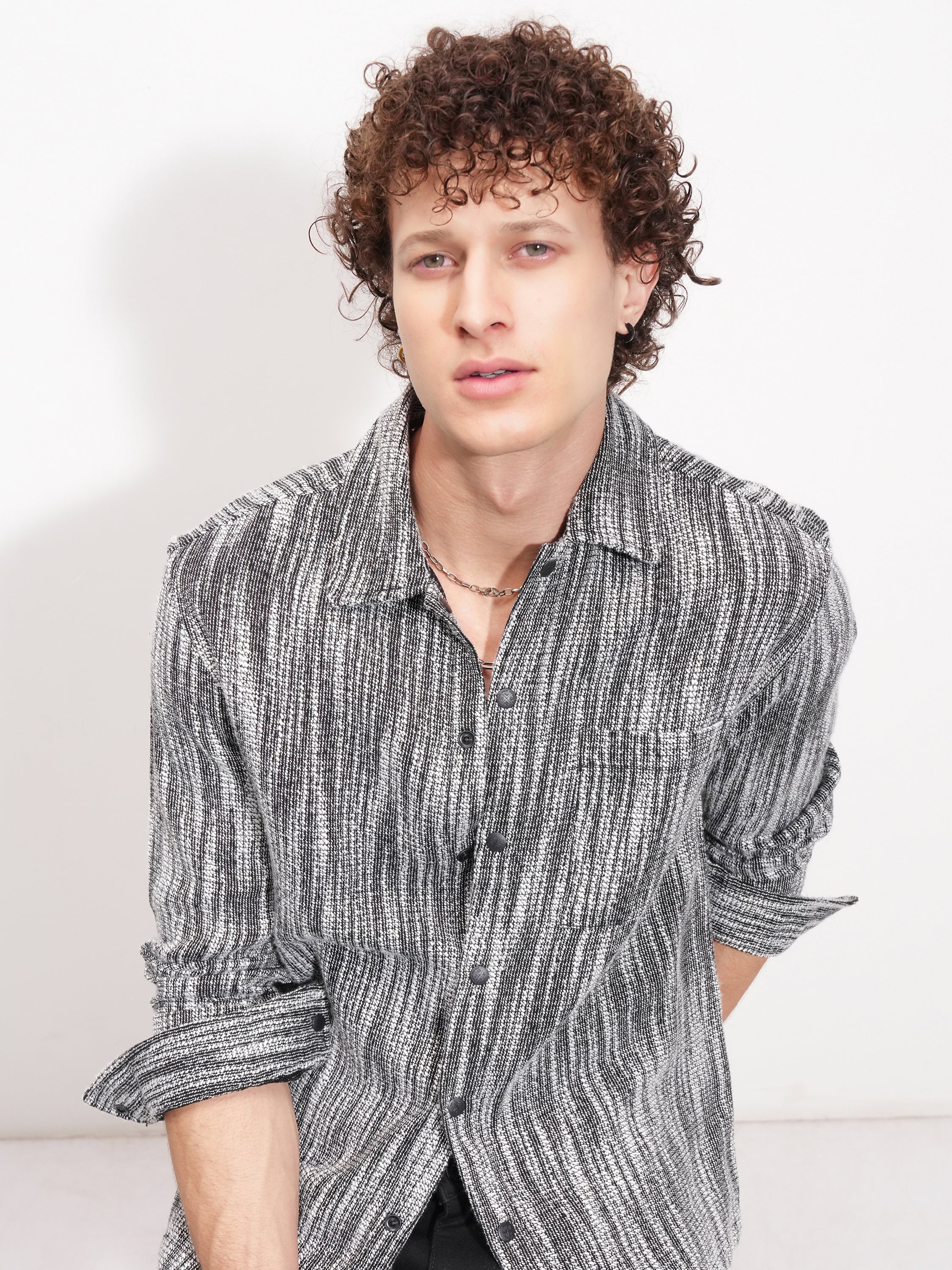 Highlander Men Black Self Design Relaxed Fit Casual Shirt - Black - Image 1