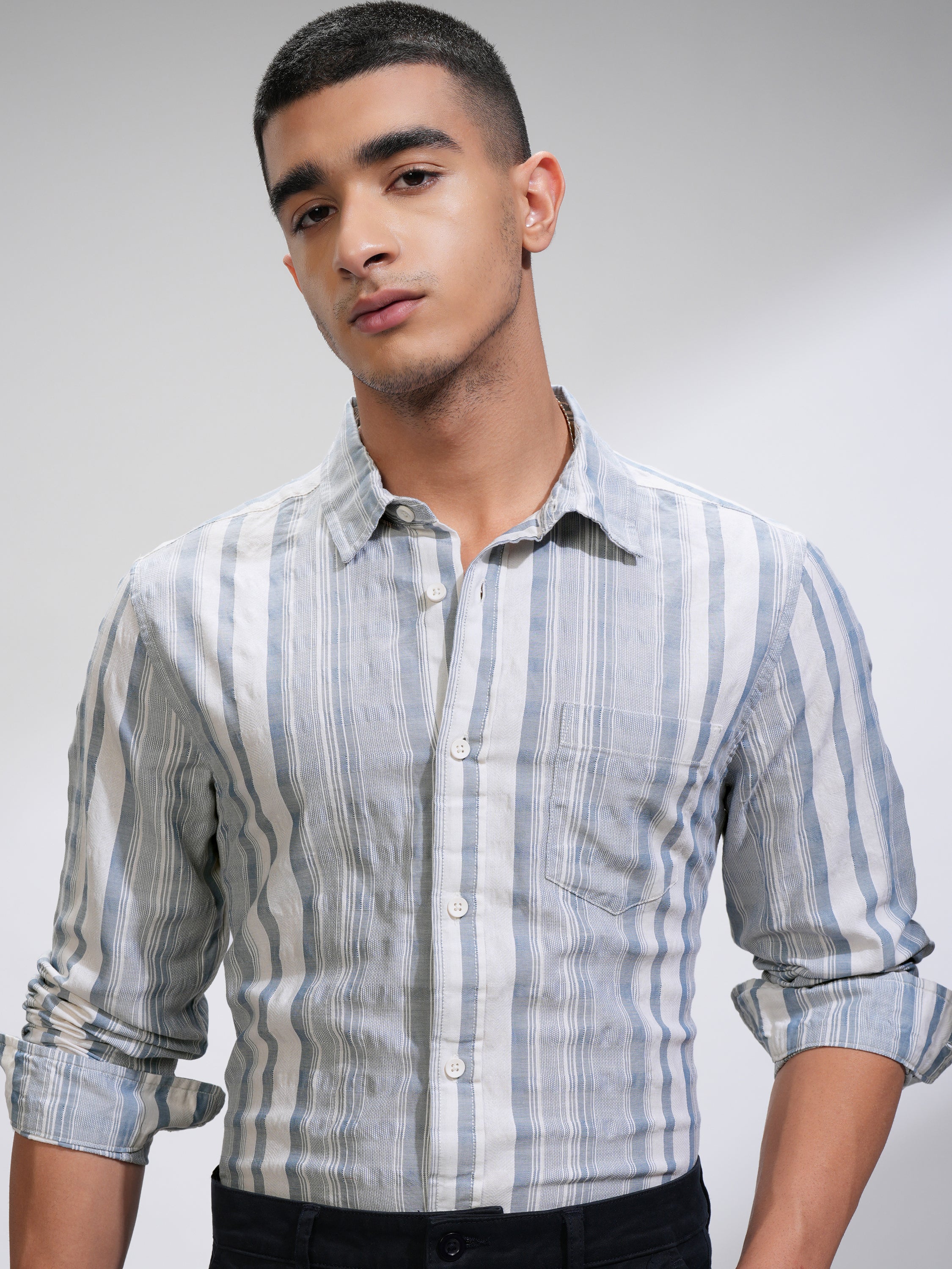 Highlander Men White Striped Slim Fit Casual Shirt - White - Image 1