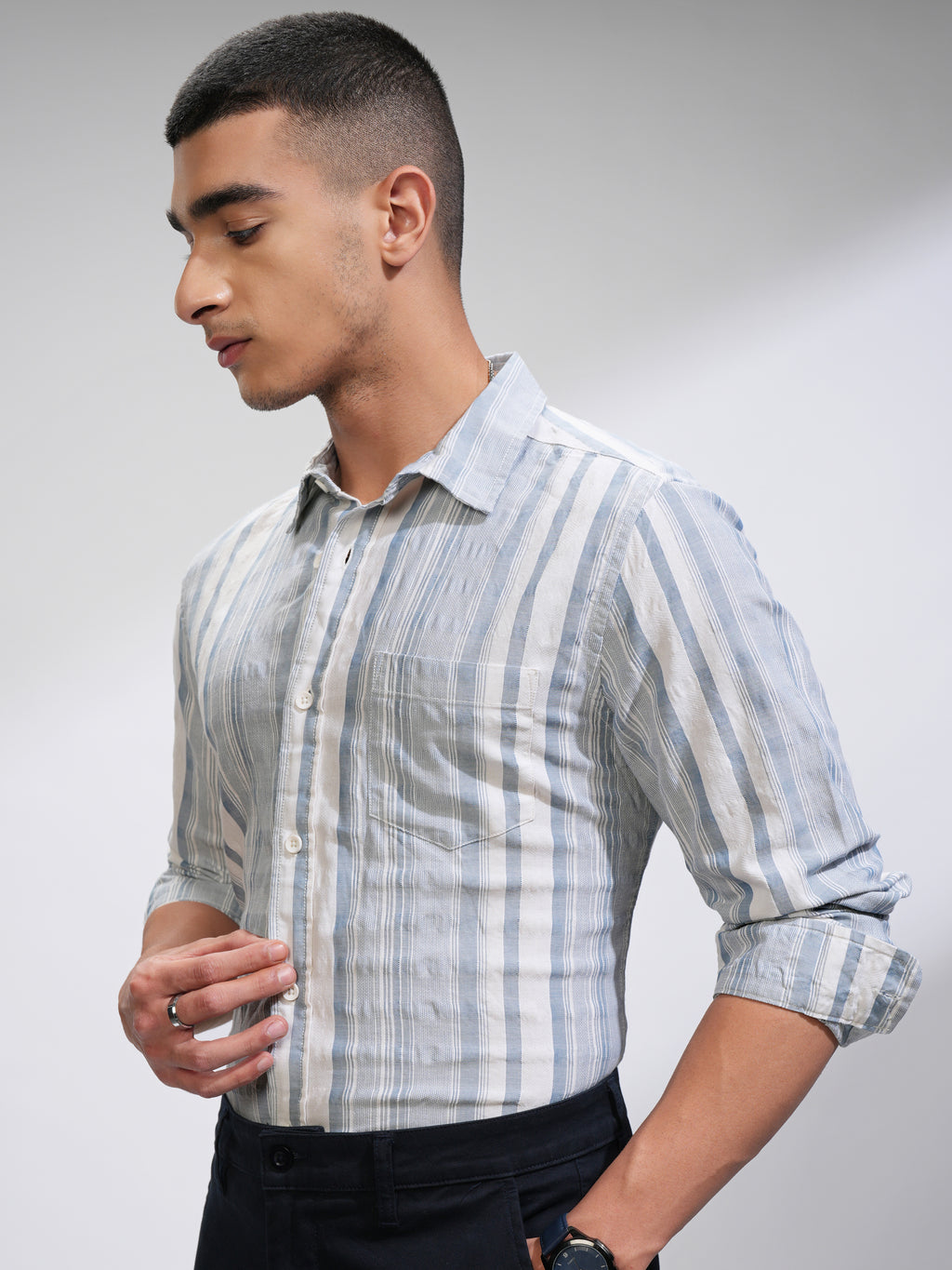 Highlander Men White Striped Slim Fit Casual Shirt - White - Image 4