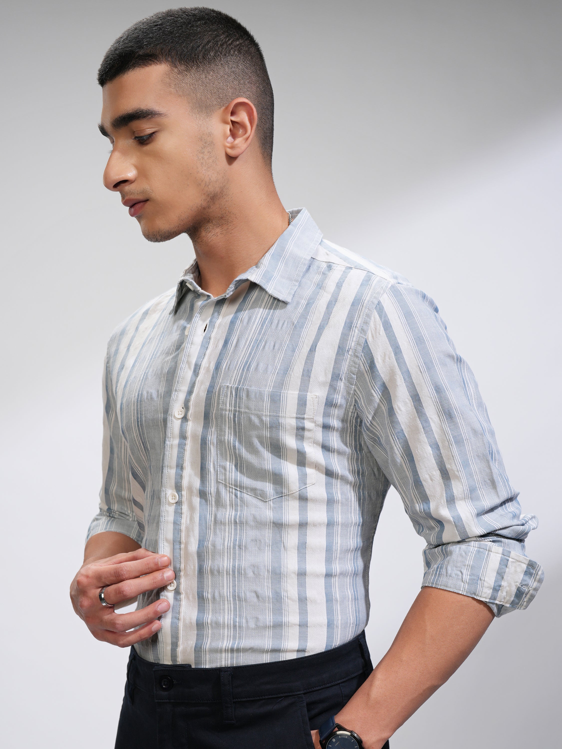 Highlander Men White Striped Slim Fit Casual Shirt - White - Image 4