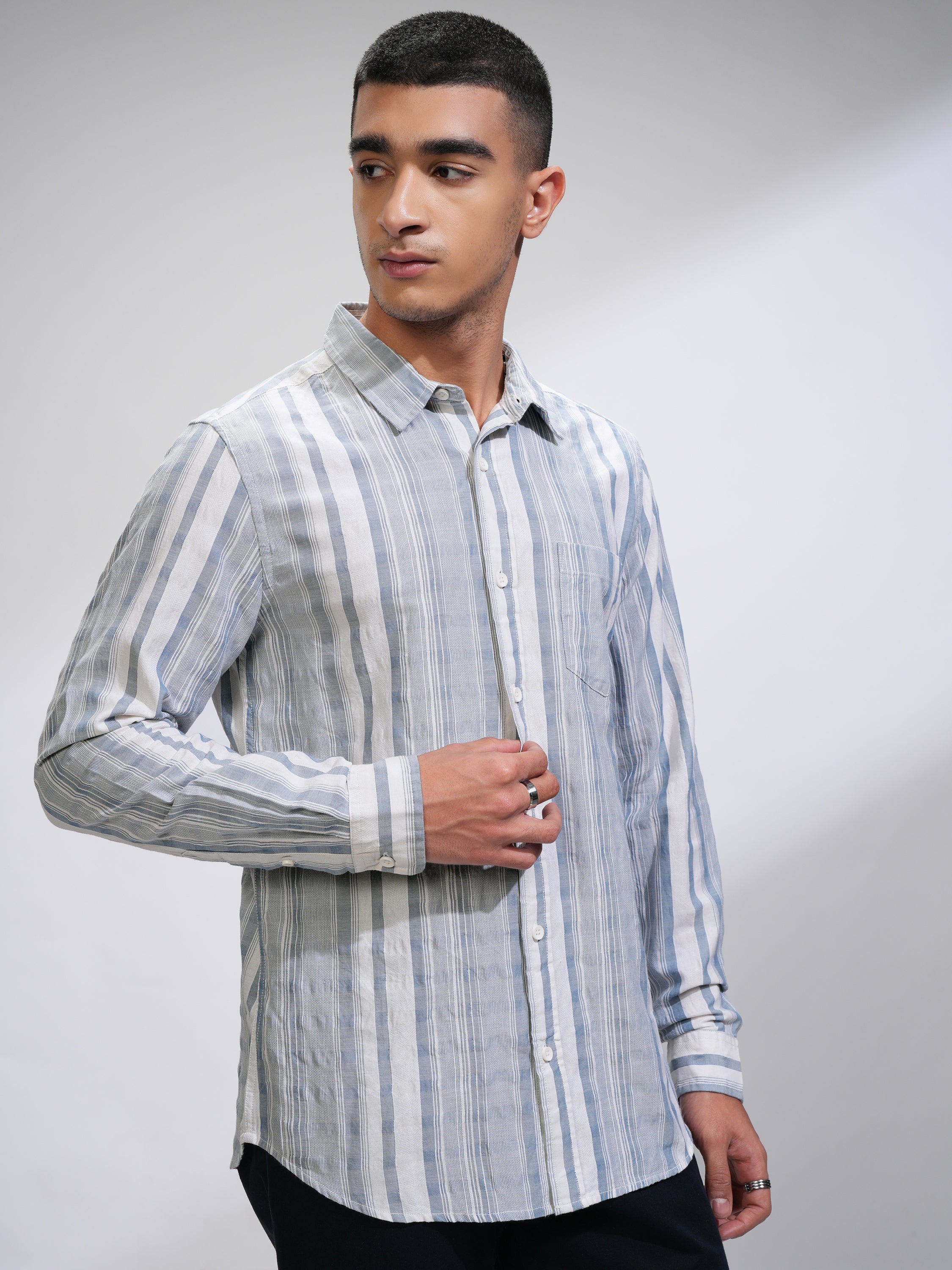 Highlander Men White Striped Slim Fit Casual Shirt - White - Image 6