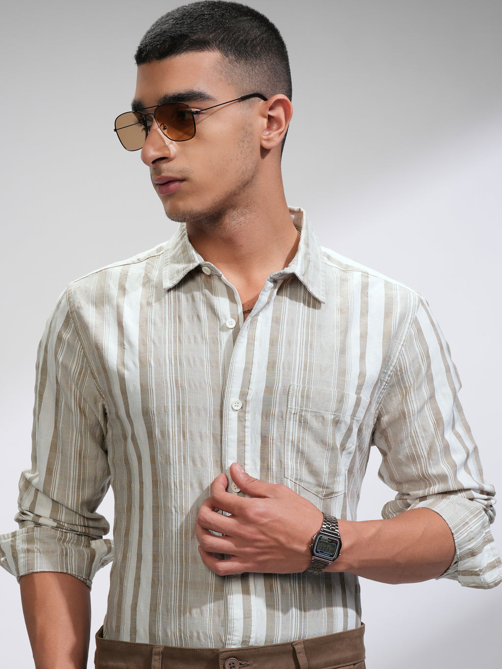 Highlander Men White Striped Slim Fit Casual Shirt - White - Image 1