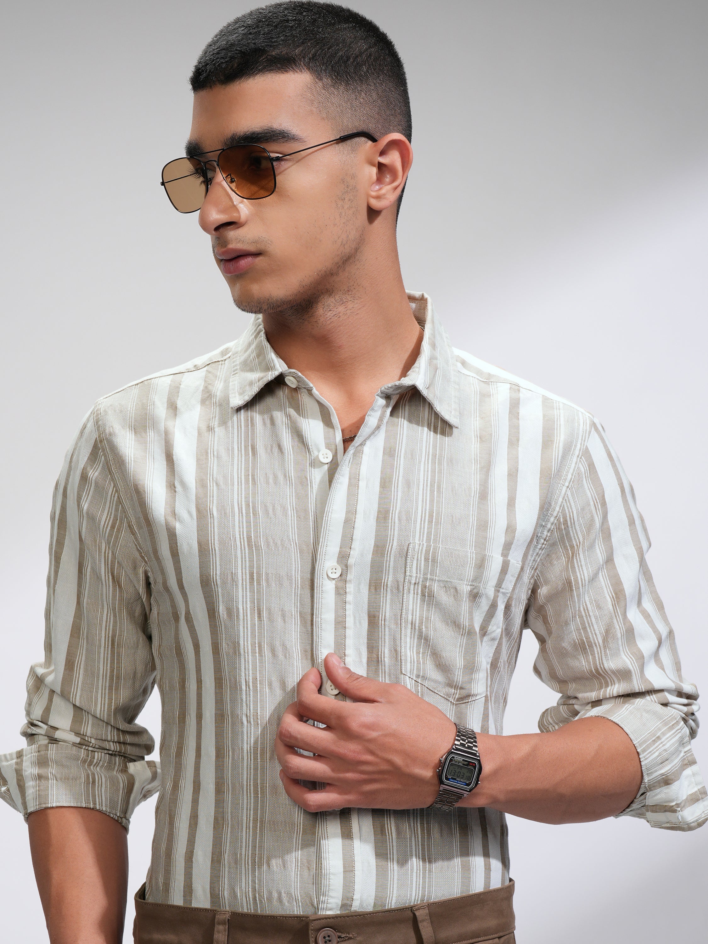 Highlander Men White Striped Slim Fit Casual Shirt - White - Image 1